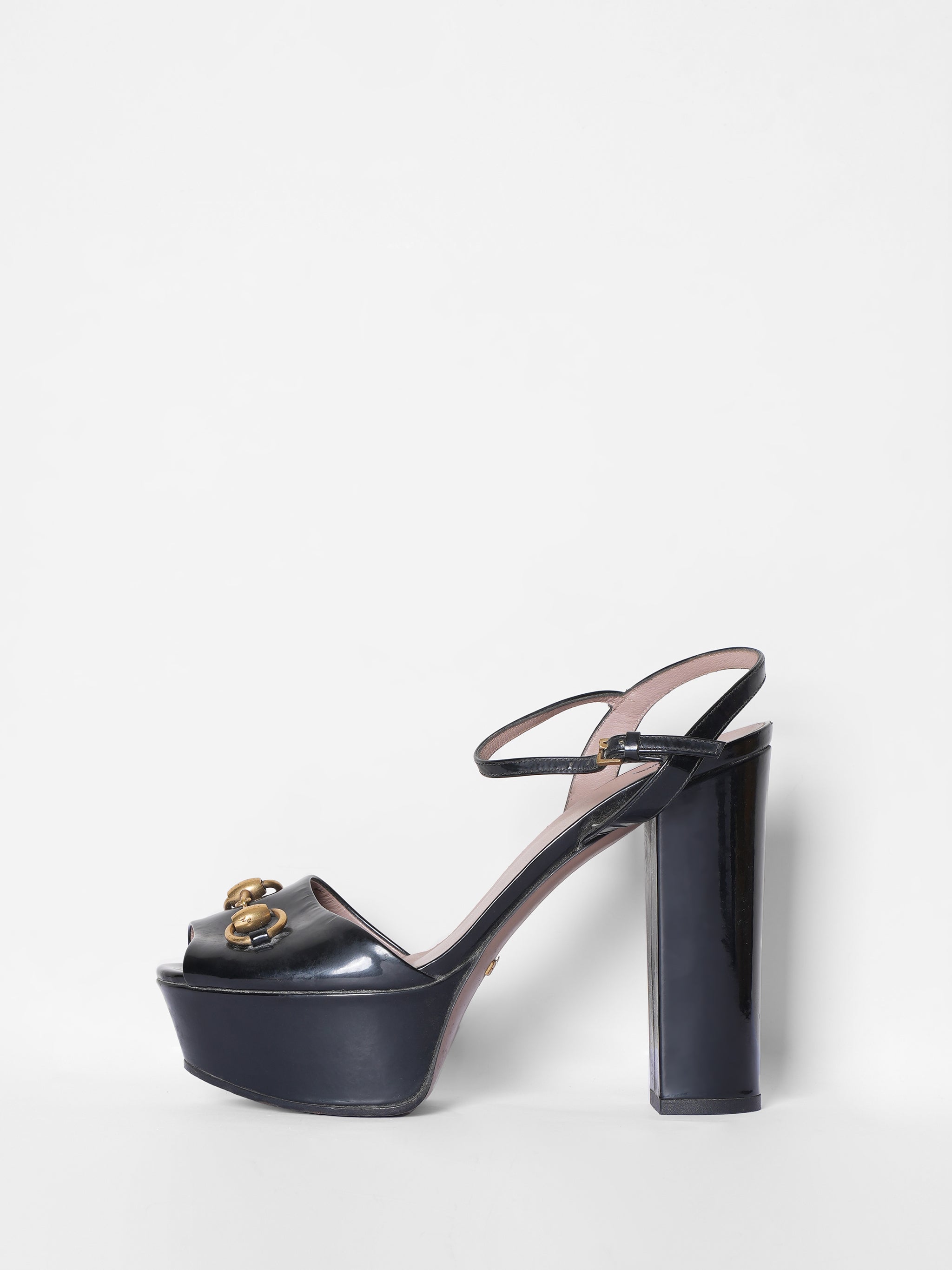 Square Toe Blocked Heel Ladies Sandals in Black Leather with Golden Ch