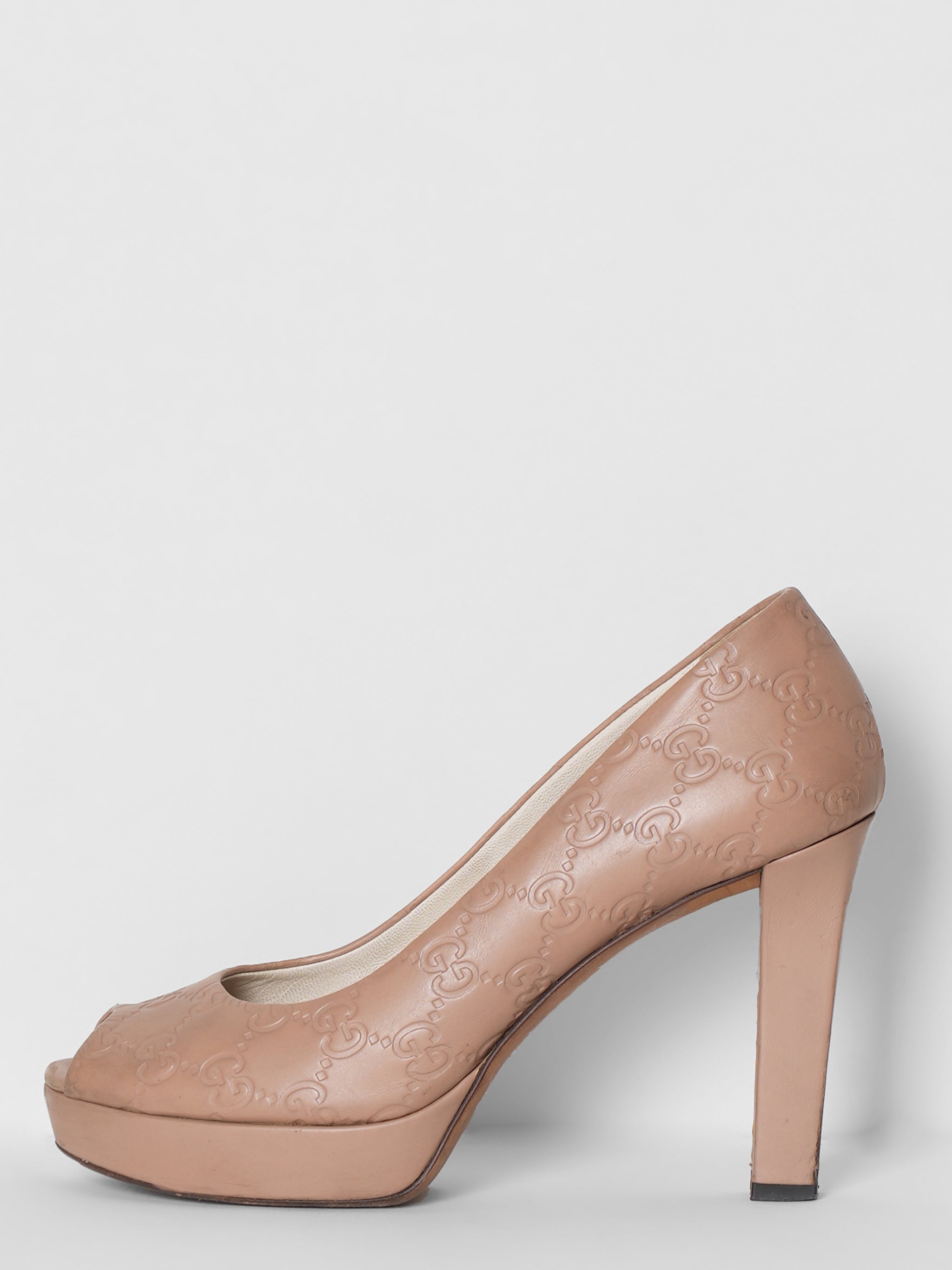 Gucci Peep Toe Monogram Pumps