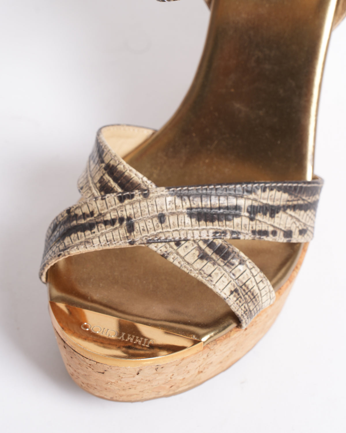 Jimmy choo lizard metallic crossover heels