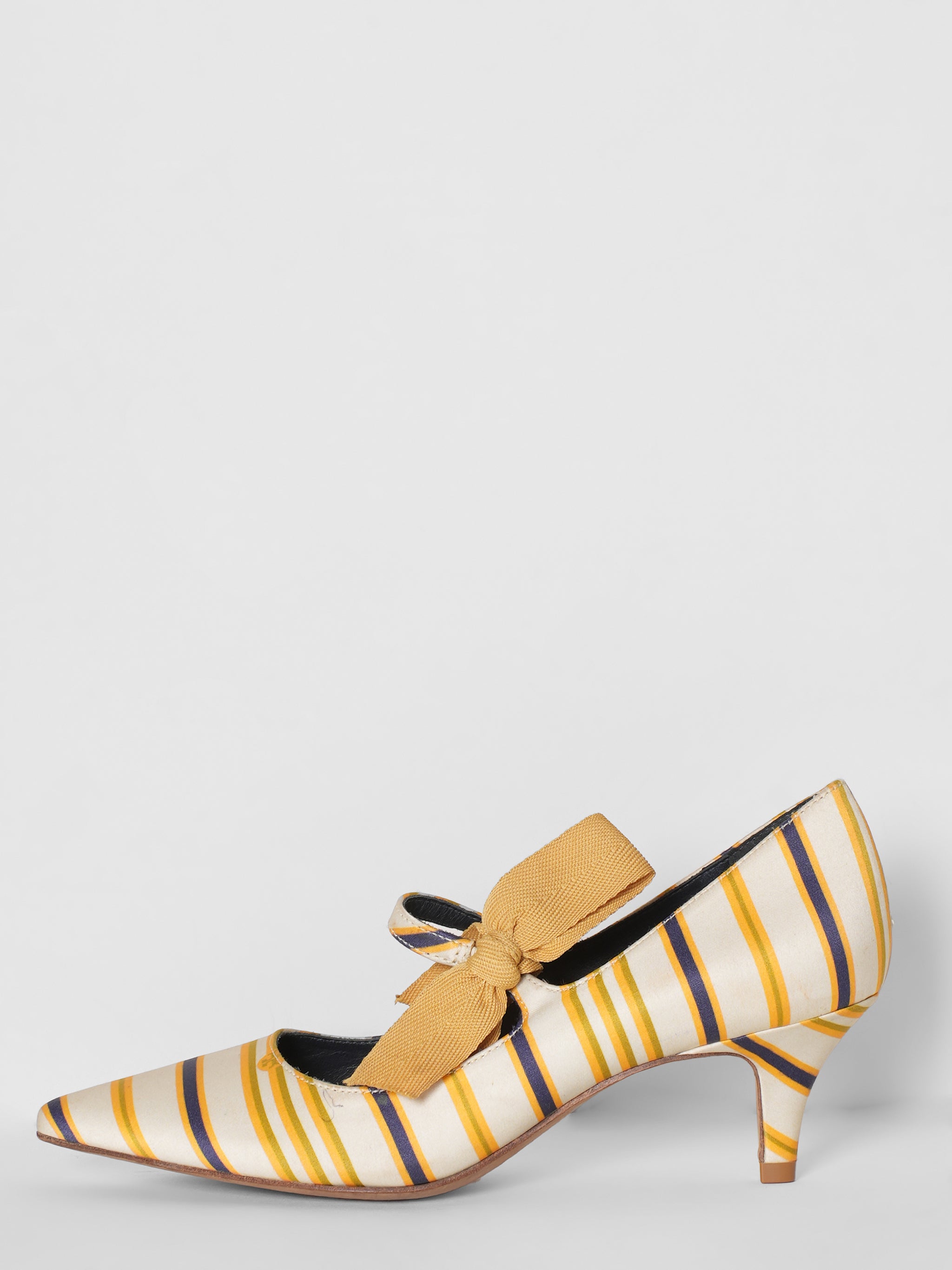 Tory Burch Satin Striped Side Bow Kitten Heel Pumps