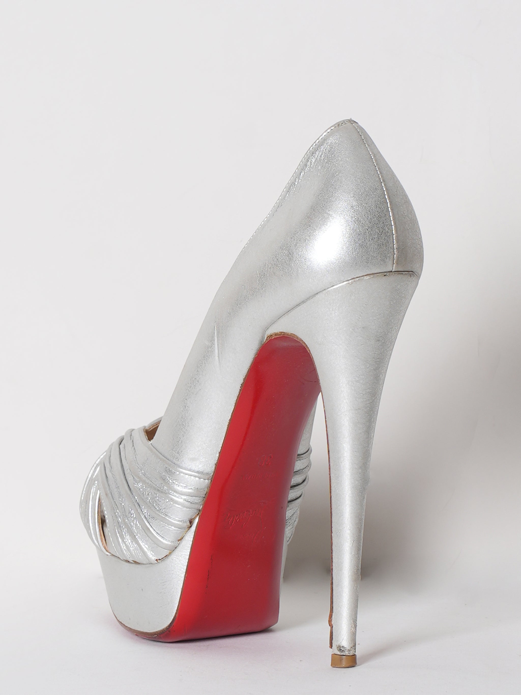 Christian Louboutin Silver Leather Criss Cross Strap Peep Toe