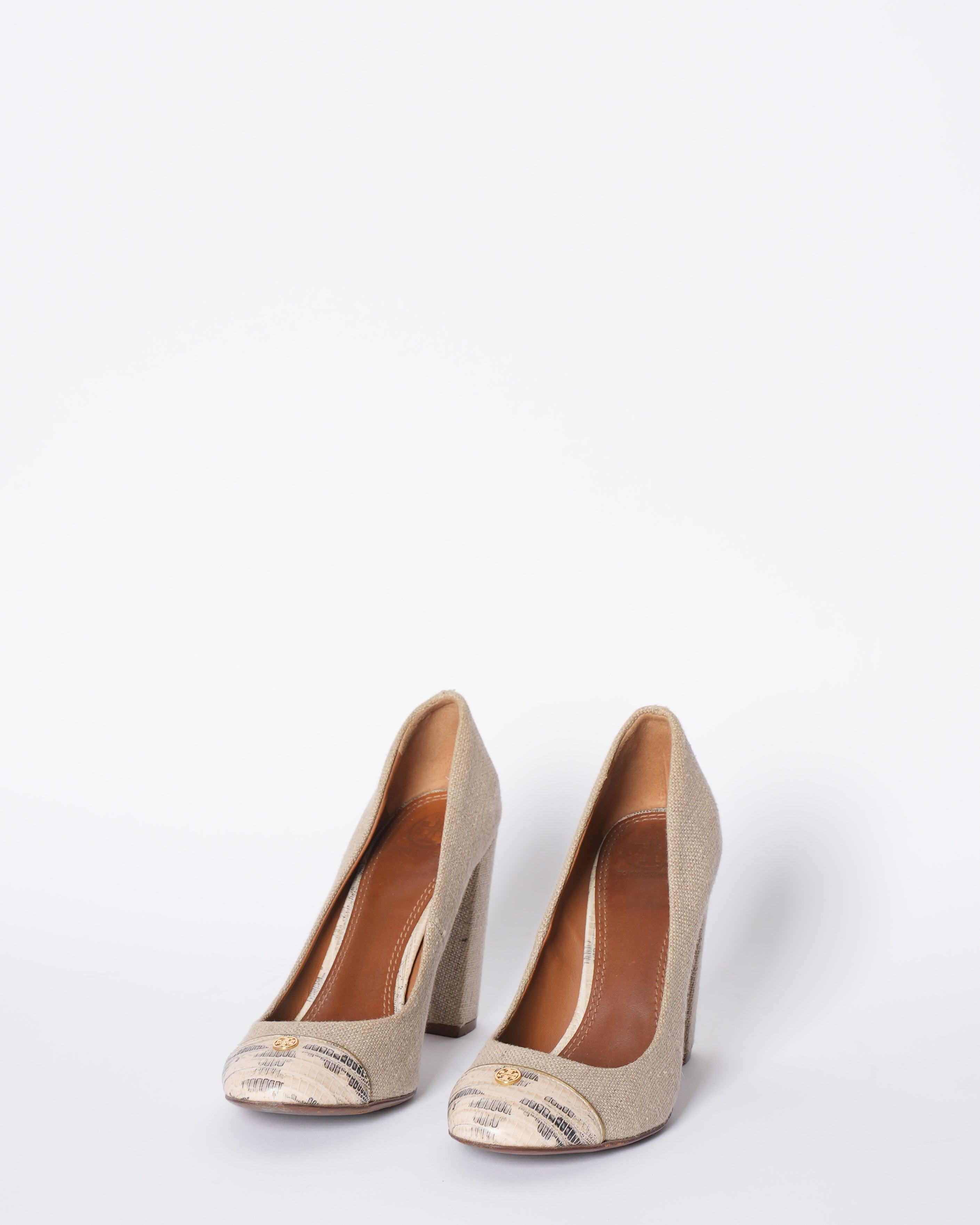 Tory Burch Beige Canvas Block Heel Pumps