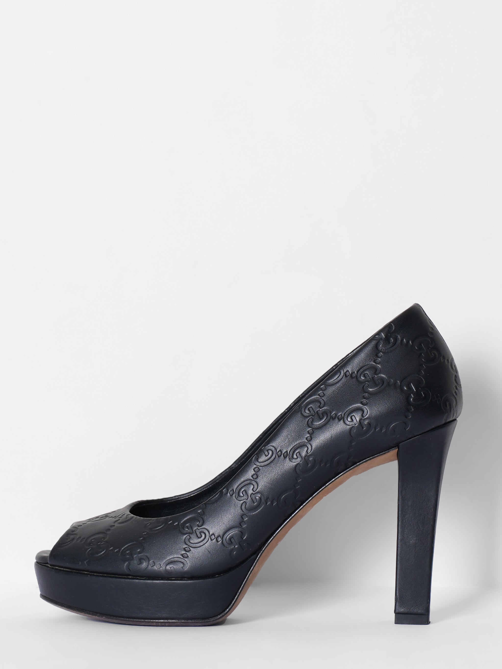 Gucci Black Guccissima Leather Peep Toe Form Pumps