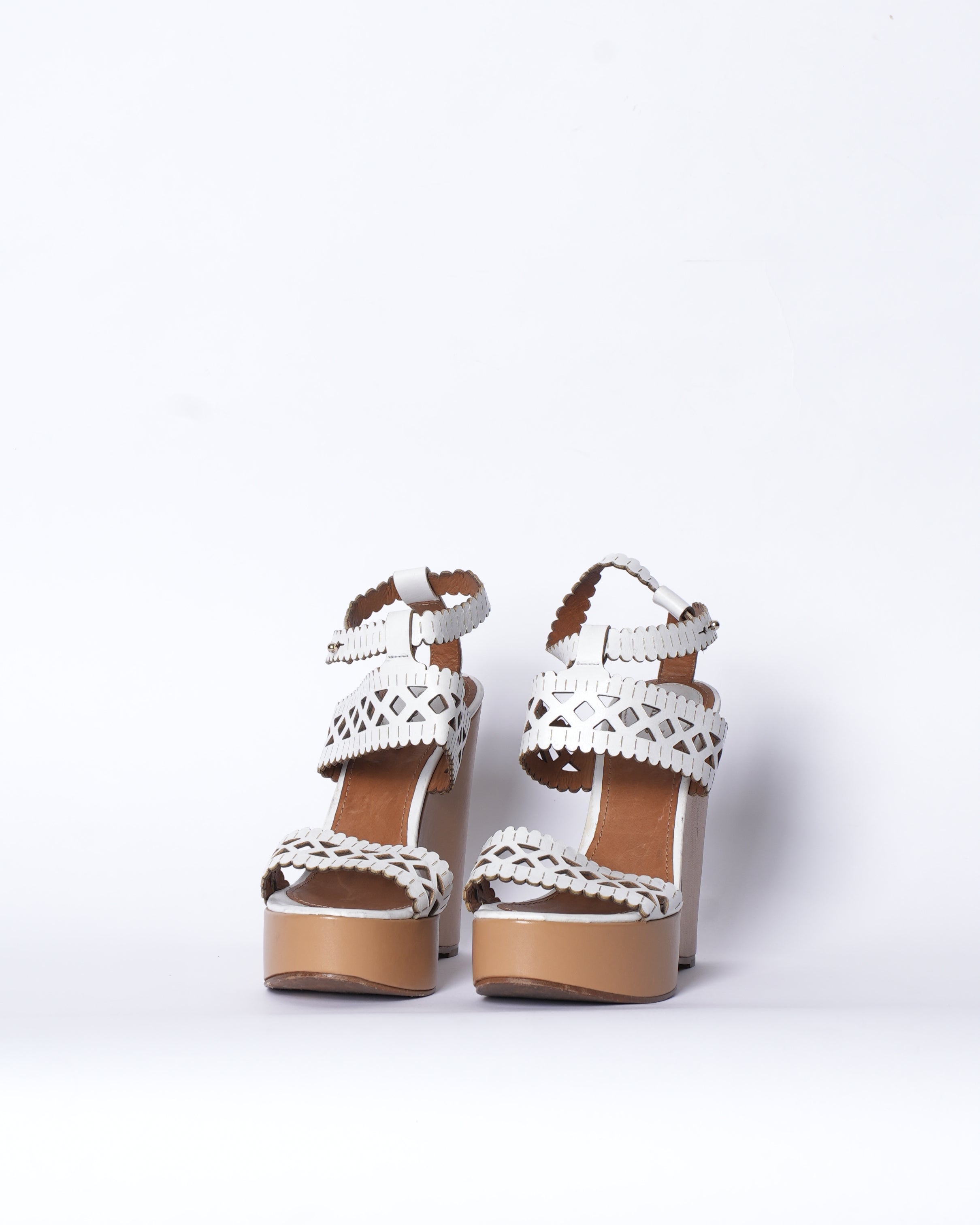 Chloe White Cutout Leather Platform Wedge Sandals