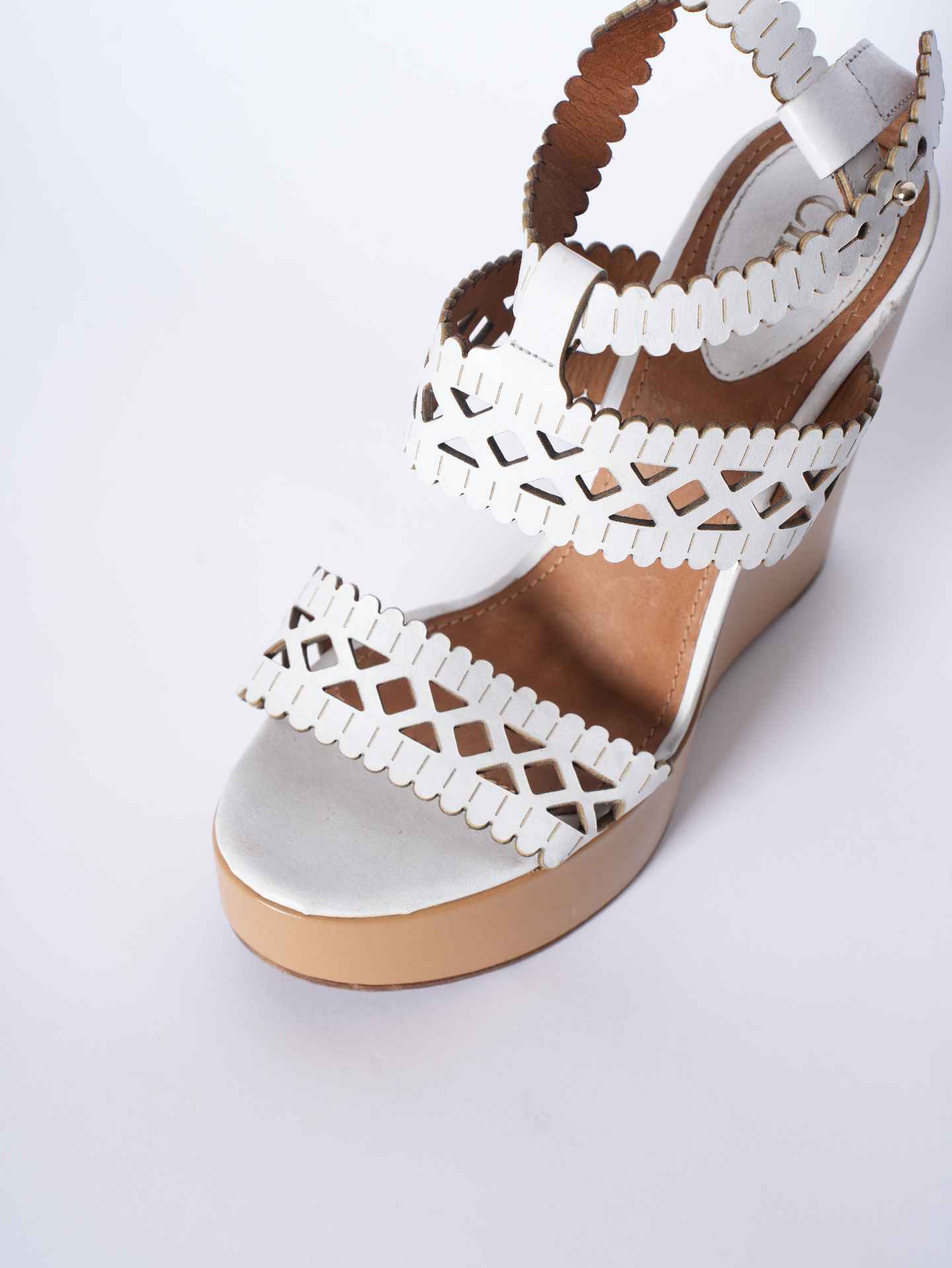 Chloe White Cutout Leather Platform Wedge Sandals