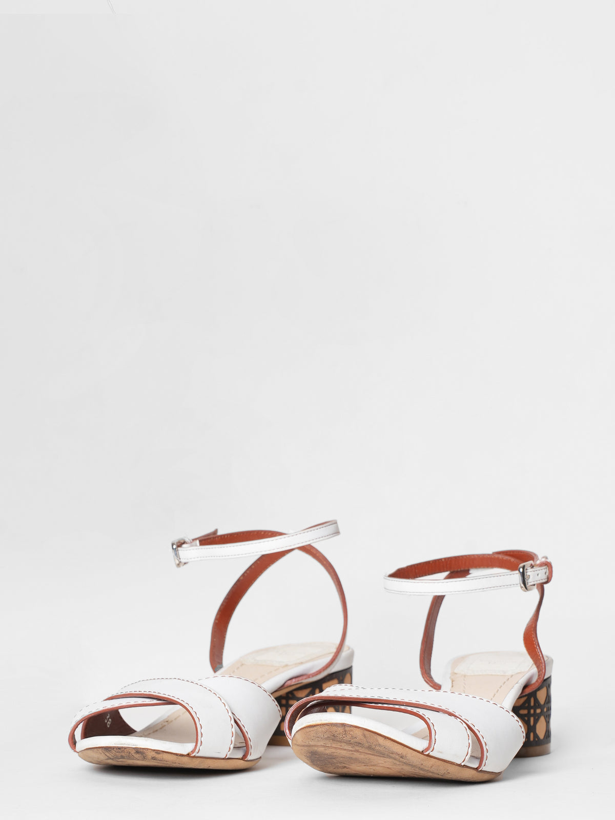 Dior White Leather Cannage Block Heel Ankle Strap Sandals