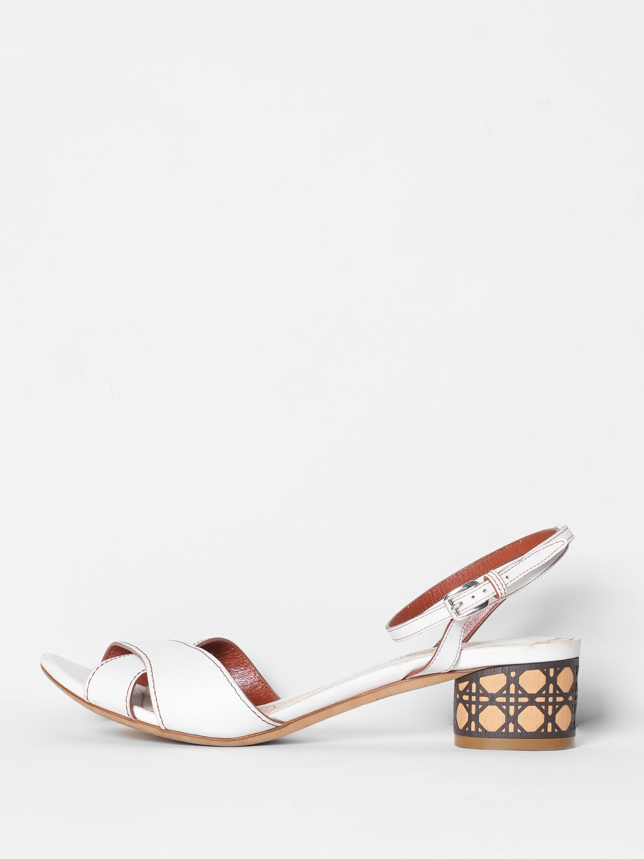 Dior White Leather Cannage Block Heel Ankle Strap Sandals