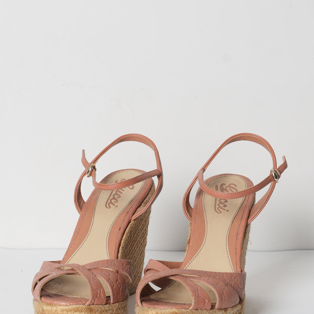 Pre-Owned Gucci Pink Leather Wedges Platform Espadrille Wedges