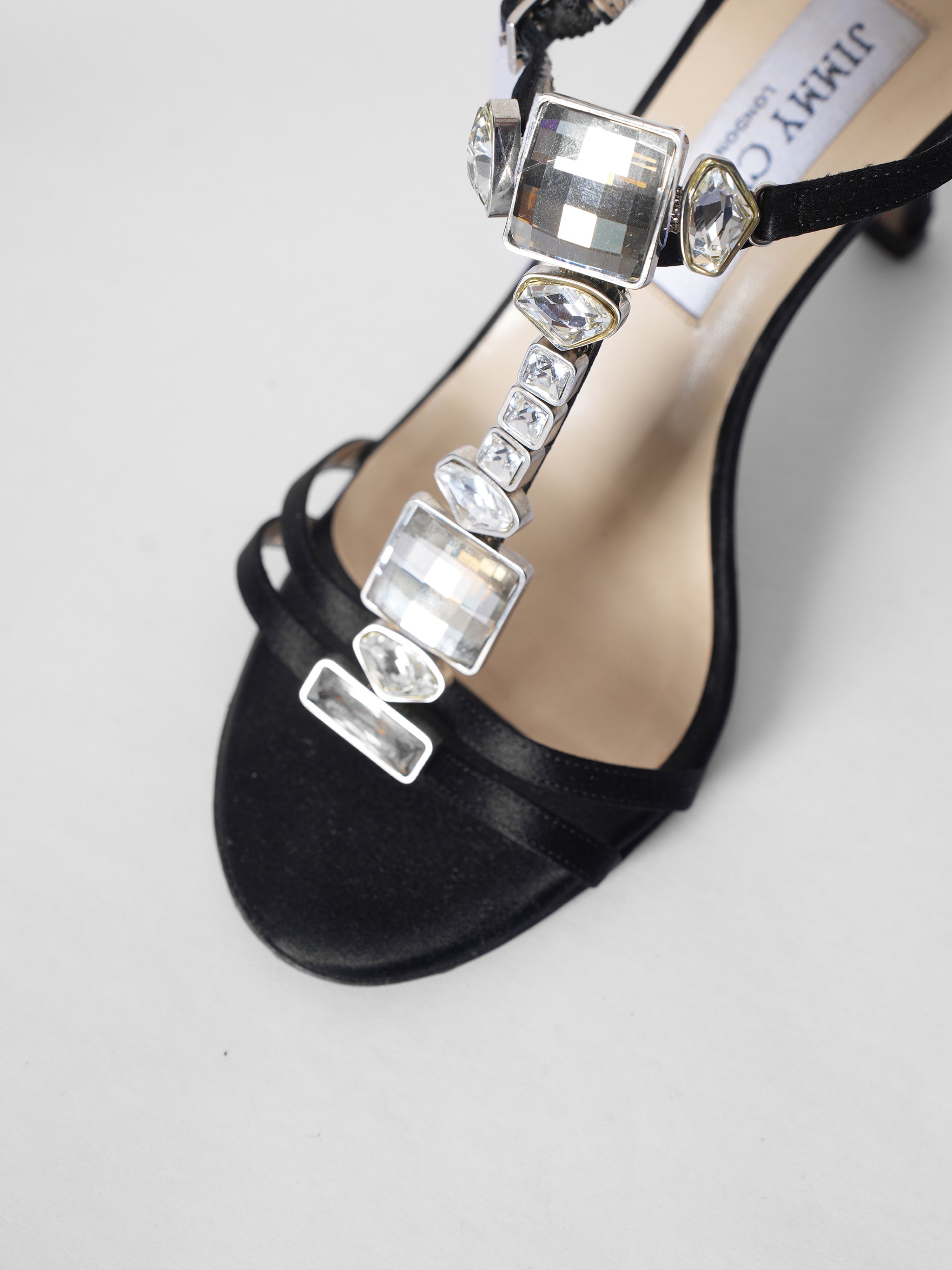 Jimmy Choo Black Satin Crystal Studded T-strap Sandals