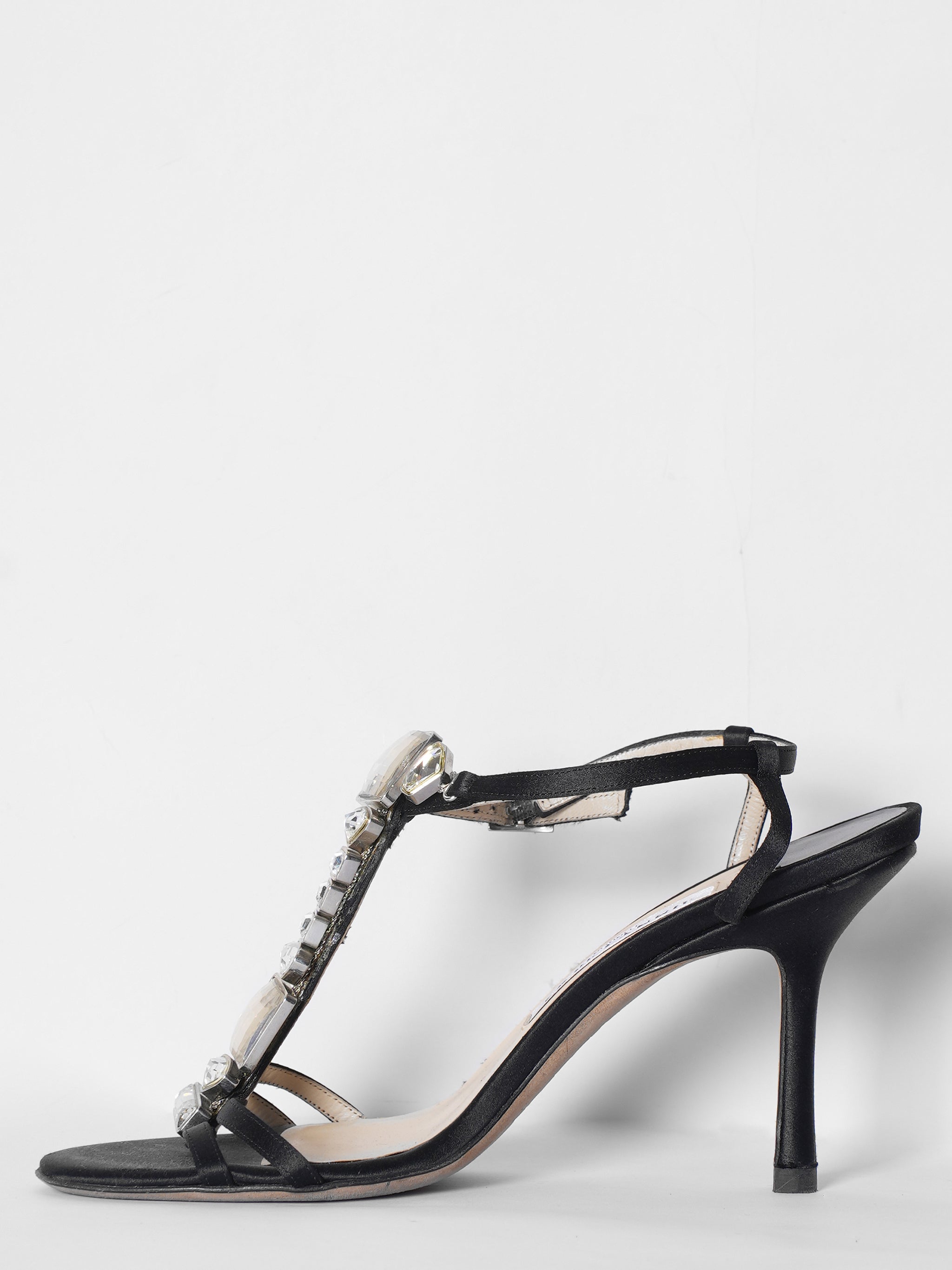 Jimmy Choo Black Satin Crystal Studded T-strap Sandals