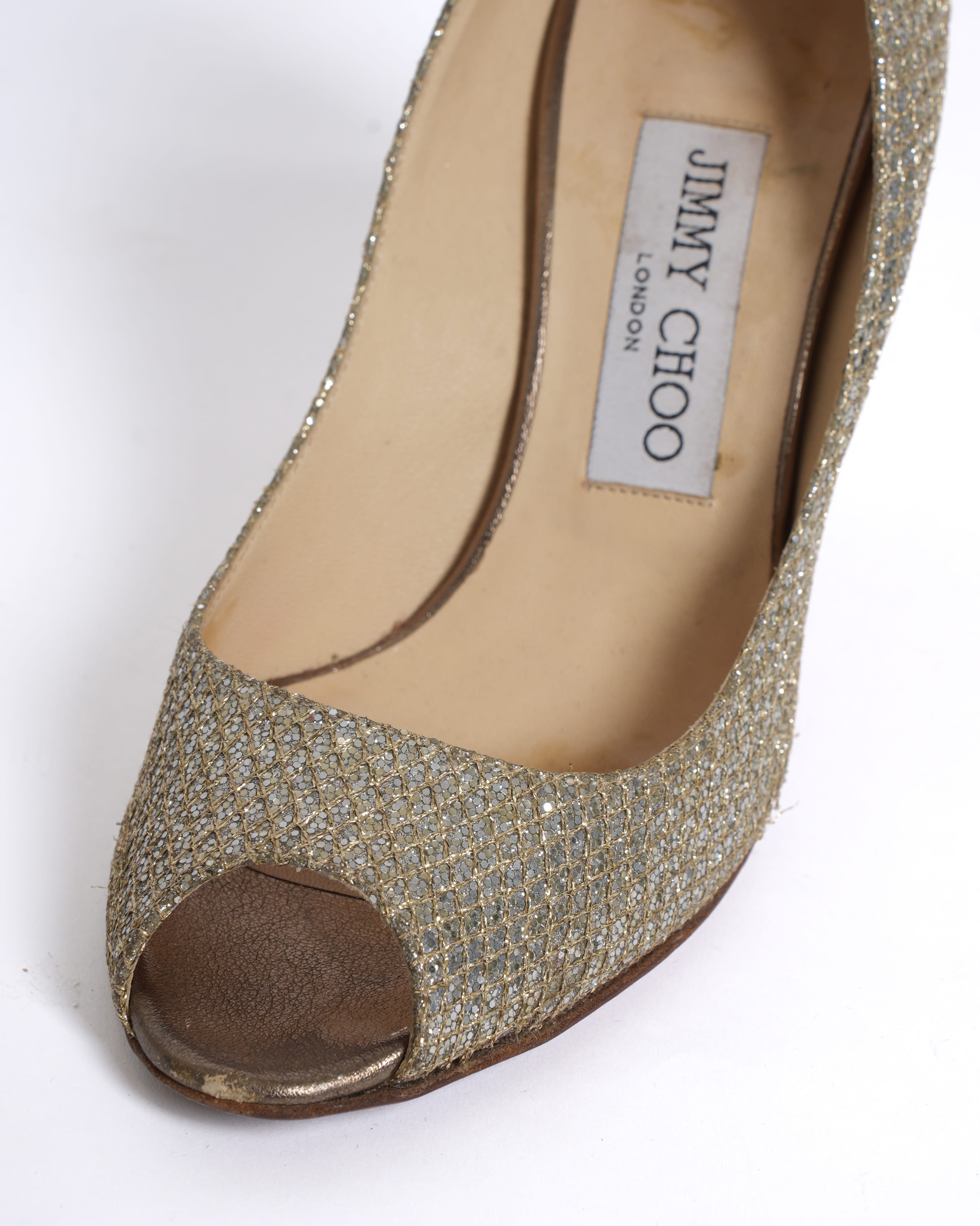 Jimmy Choo Peep Toe Pumps in Gold Tone