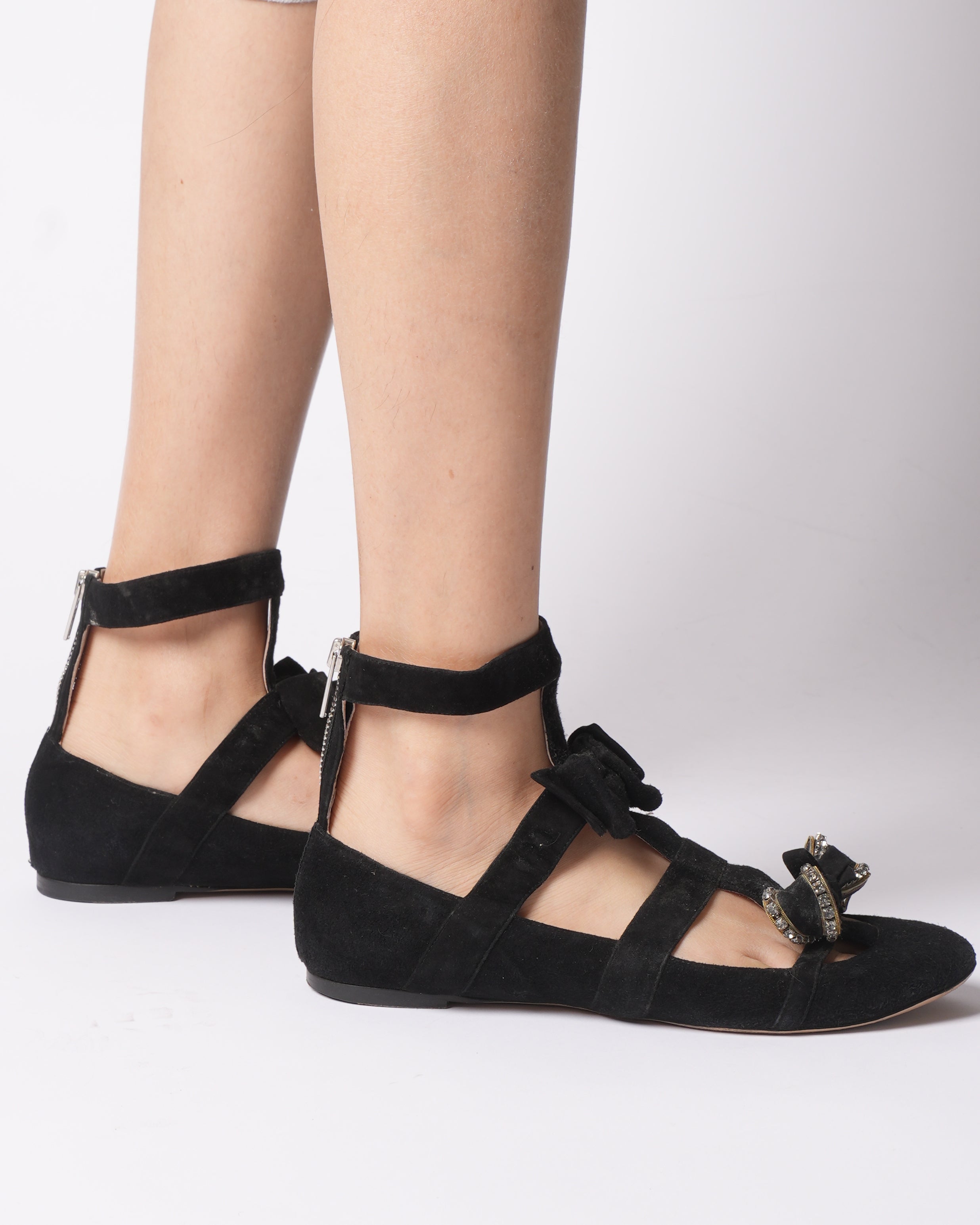 Chloe Black Suede Bow Embellished Crystal Edged Cutout Flat Ballerinas