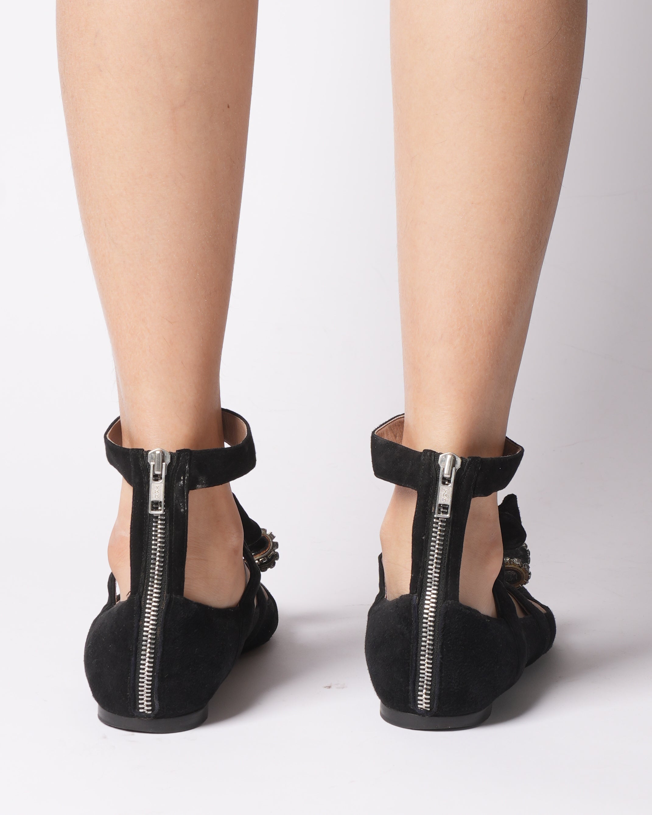 Chloe Black Suede Bow Embellished Crystal Edged Cutout Flat Ballerinas