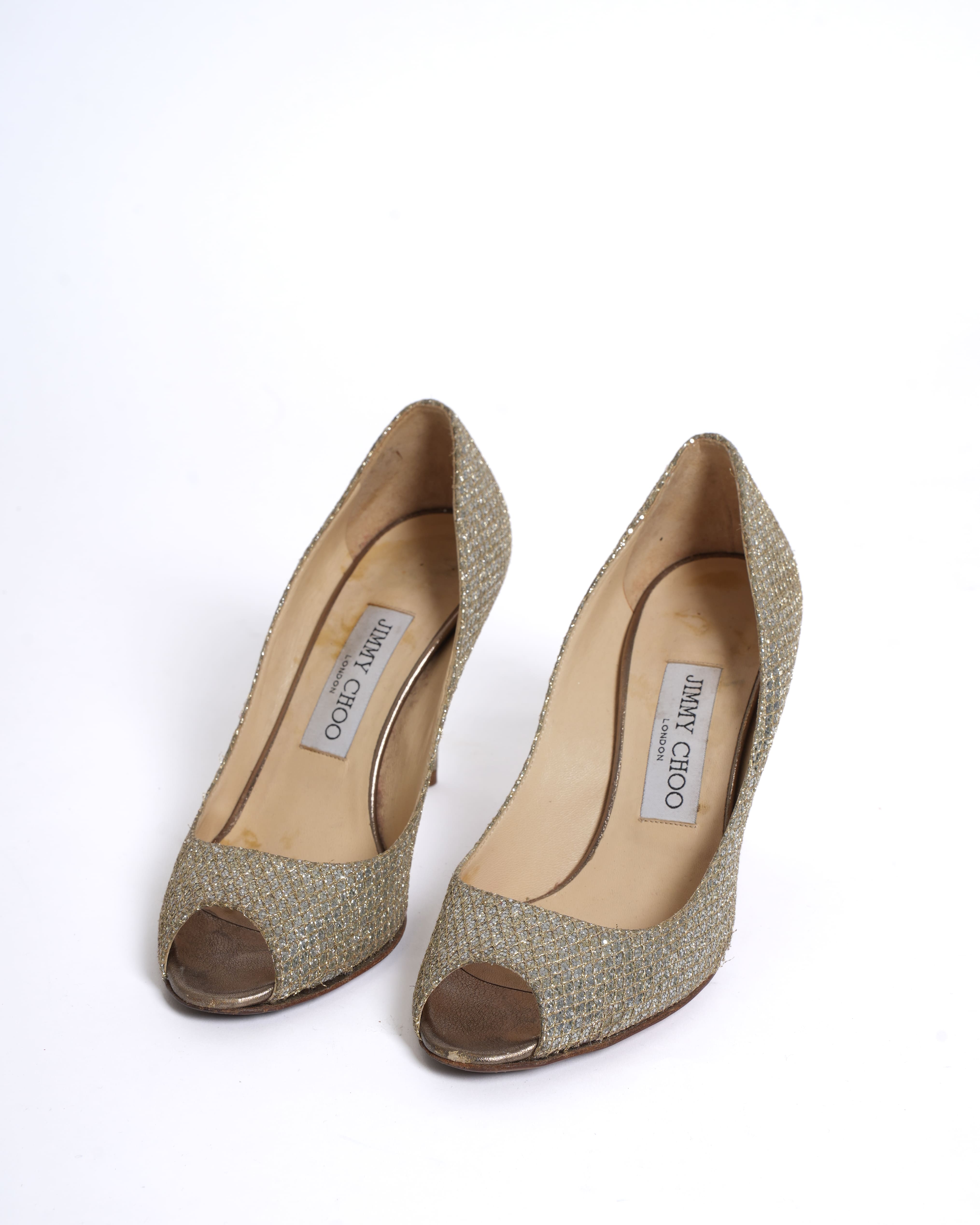 Jimmy Choo Peep Toe Pumps in Gold Tone