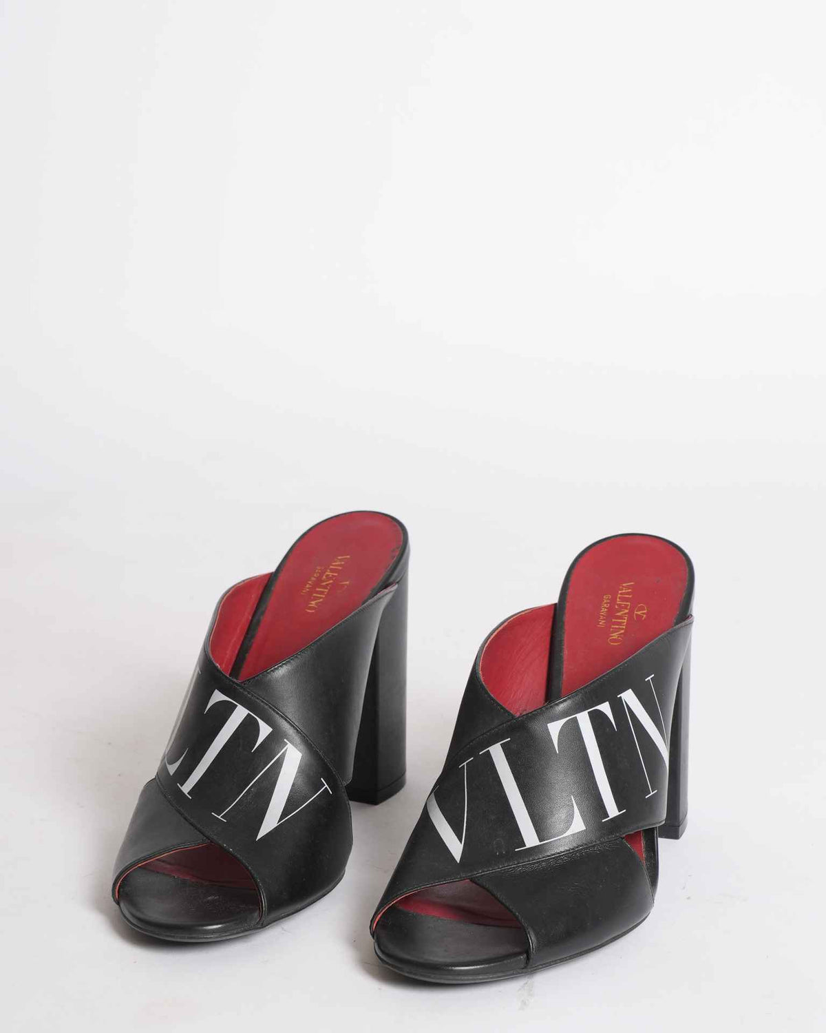 Valentino Black Leather VLTN Block Heel Mules