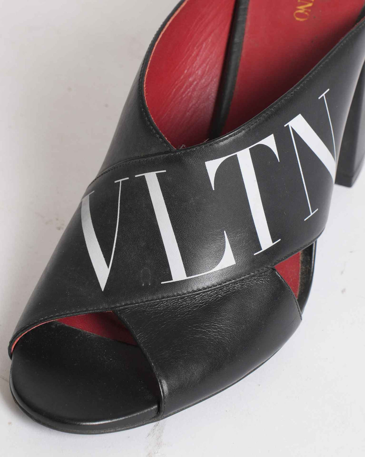 Valentino Black Leather VLTN Block Heel Mules