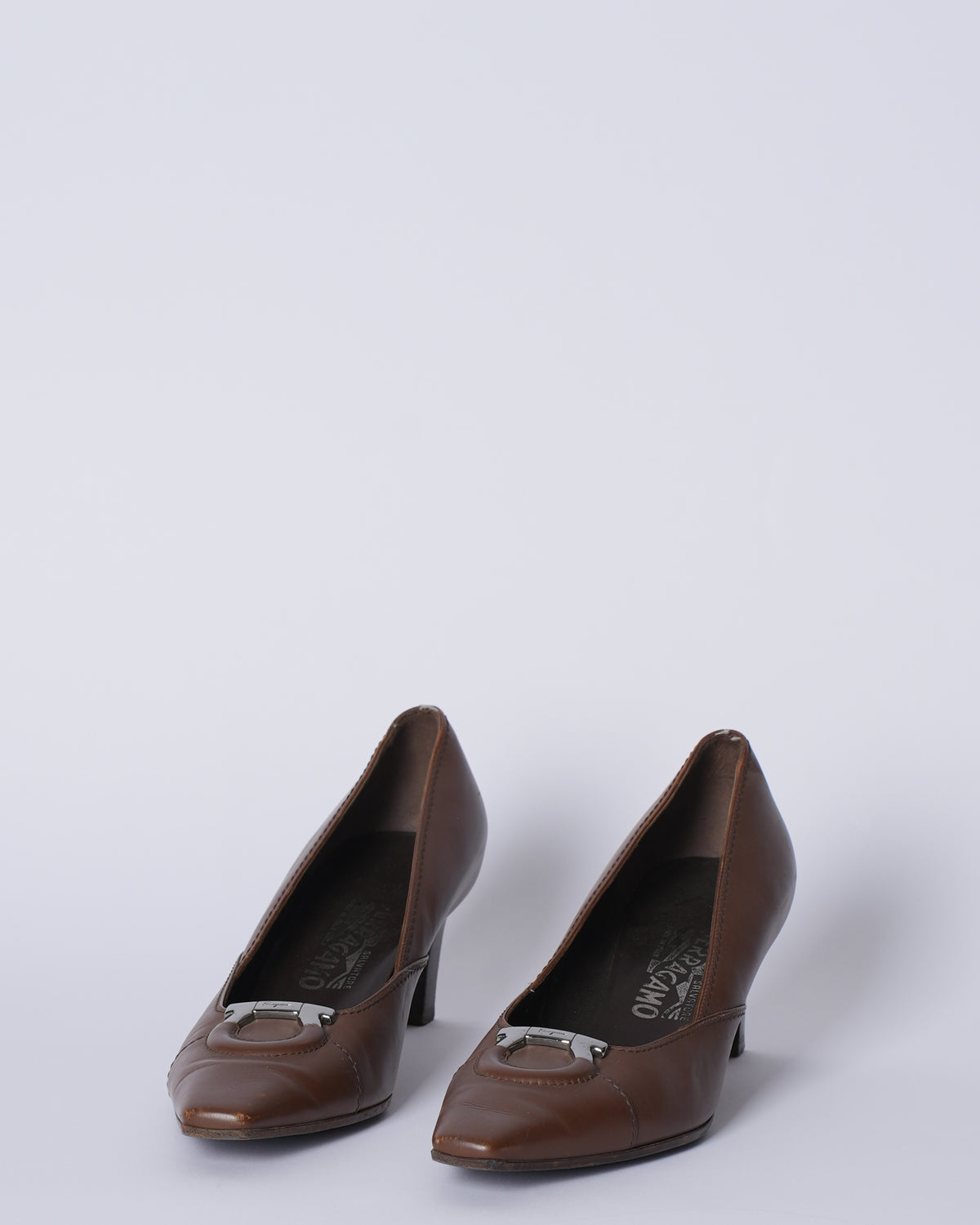 Salvatore Ferragamo Brown Leather Gancio Pointed Toe Pumps