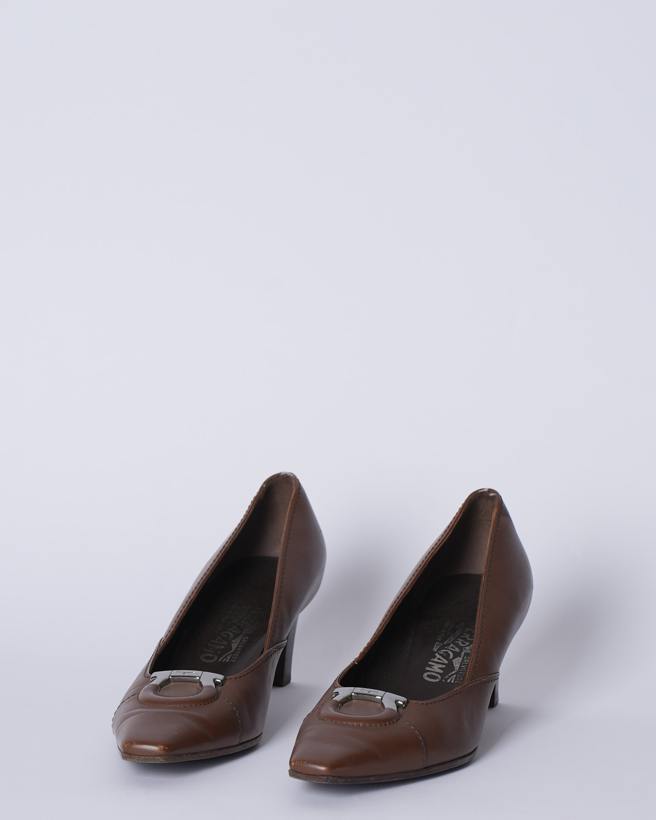 Ferragamo Brown Leather Gancio Pointed Toe Pumps