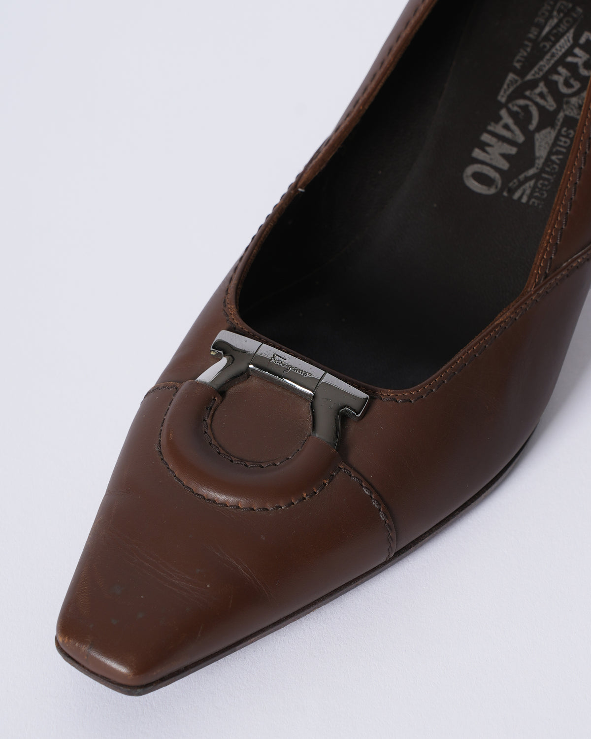 Salvatore Ferragamo Brown Leather Gancio Pointed Toe Pumps