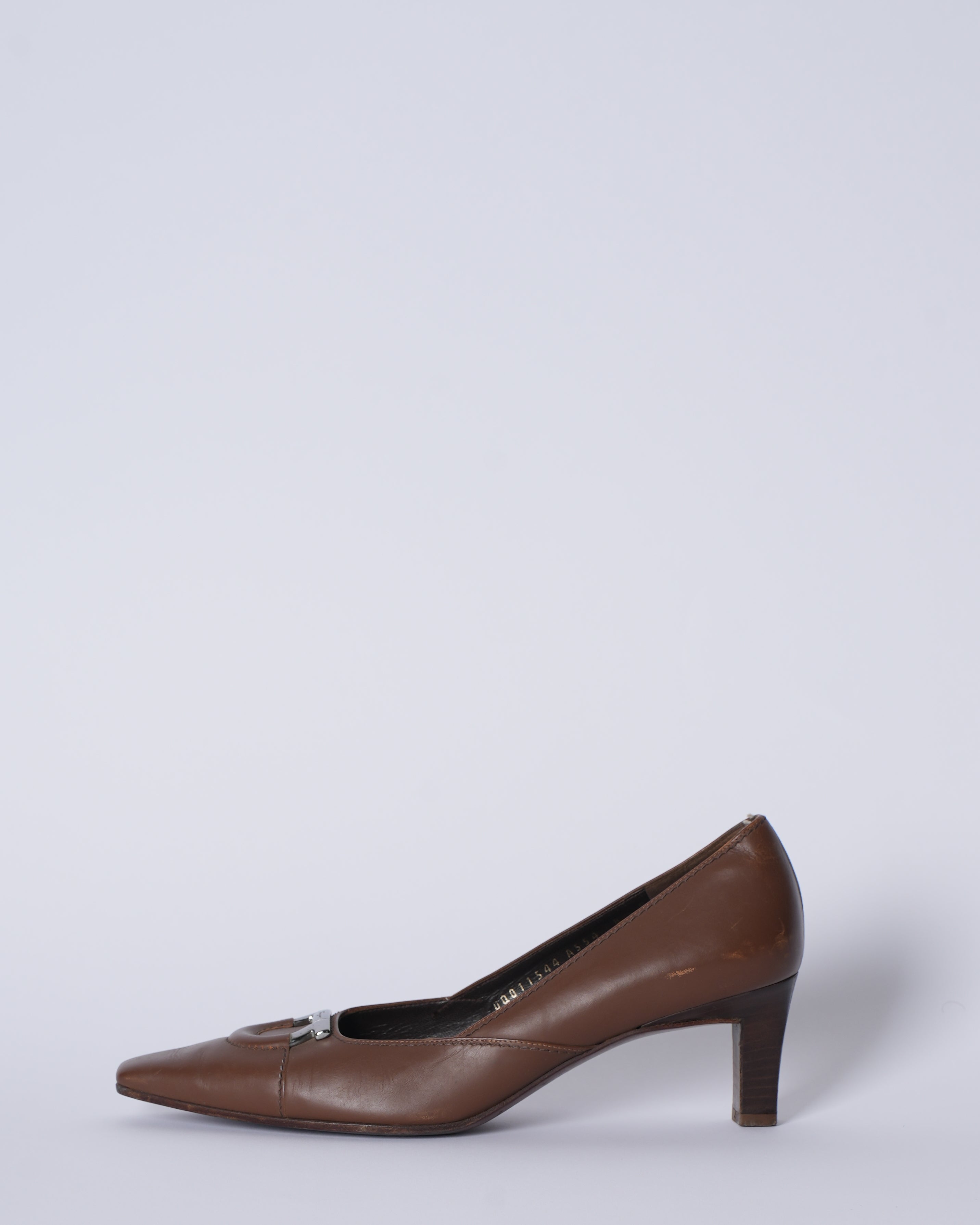 Ferragamo Brown Leather Gancio Pointed Toe Pumps