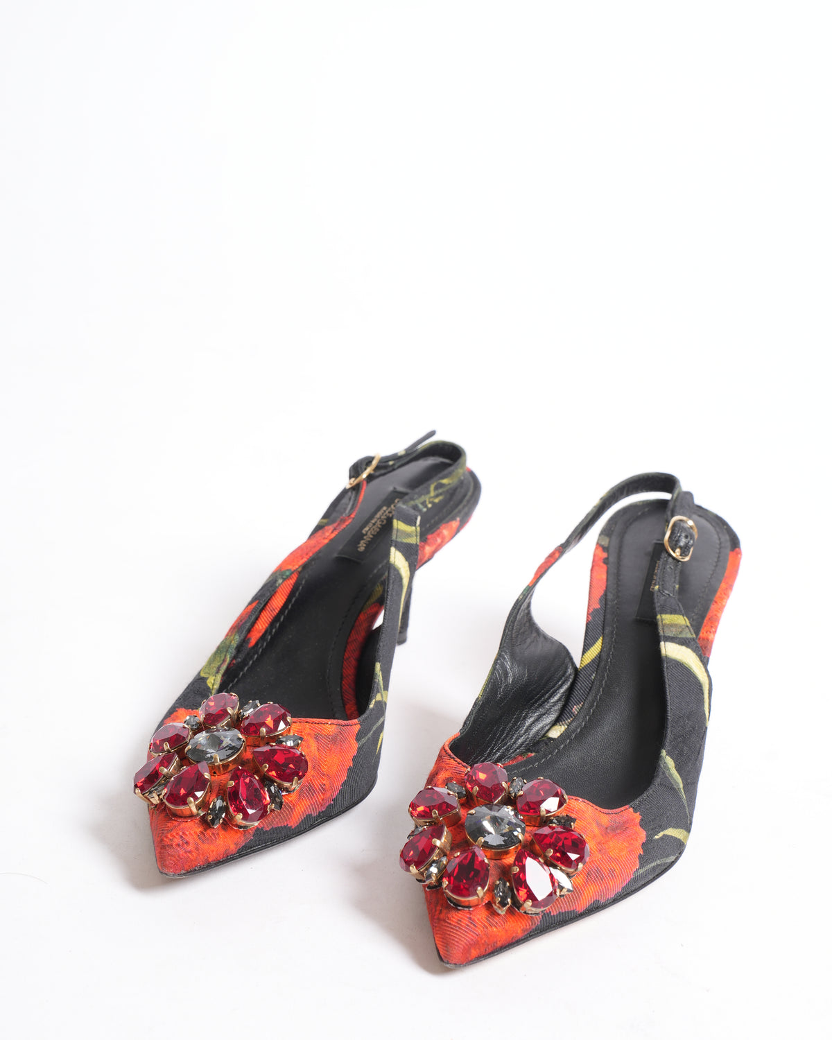 Dolce & Gabbana Floral Print Leaher Crystal Embellished Pumps