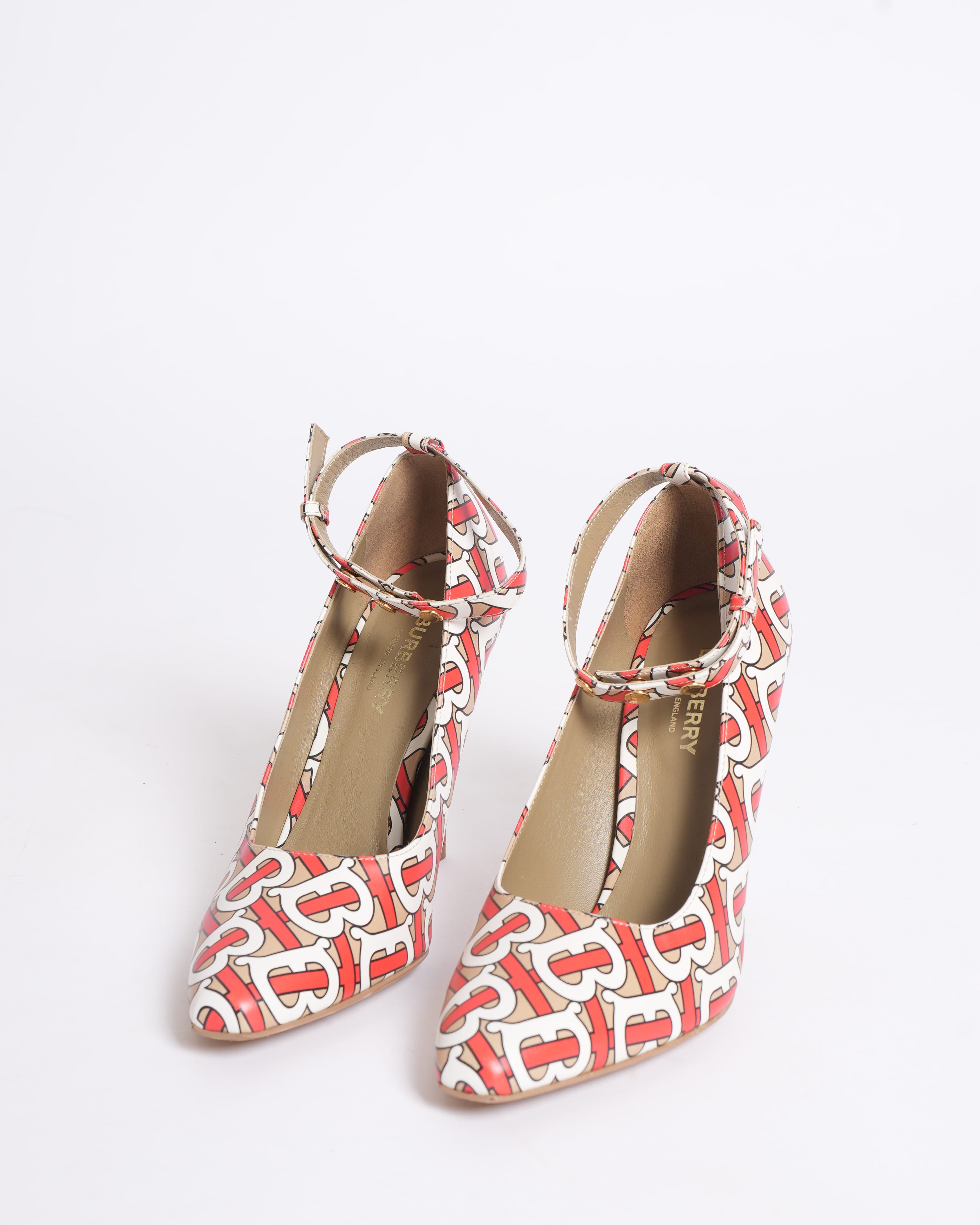 Burberry women’s Tan/Red/White Leather TB Monogram Ankle Strap Pumps