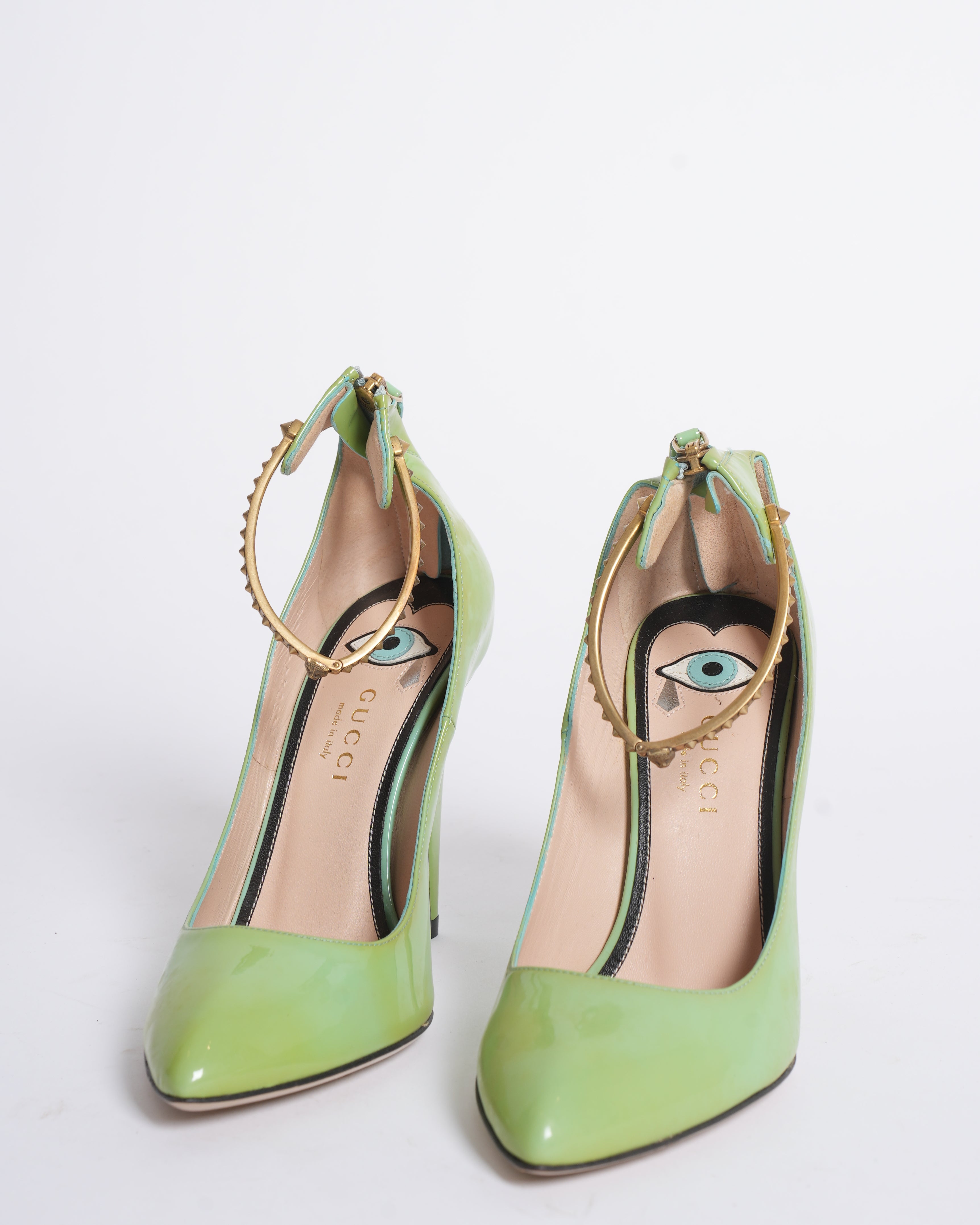 New Gucci Vernice Crystal Ankle Strap Pumps In Mint Colour