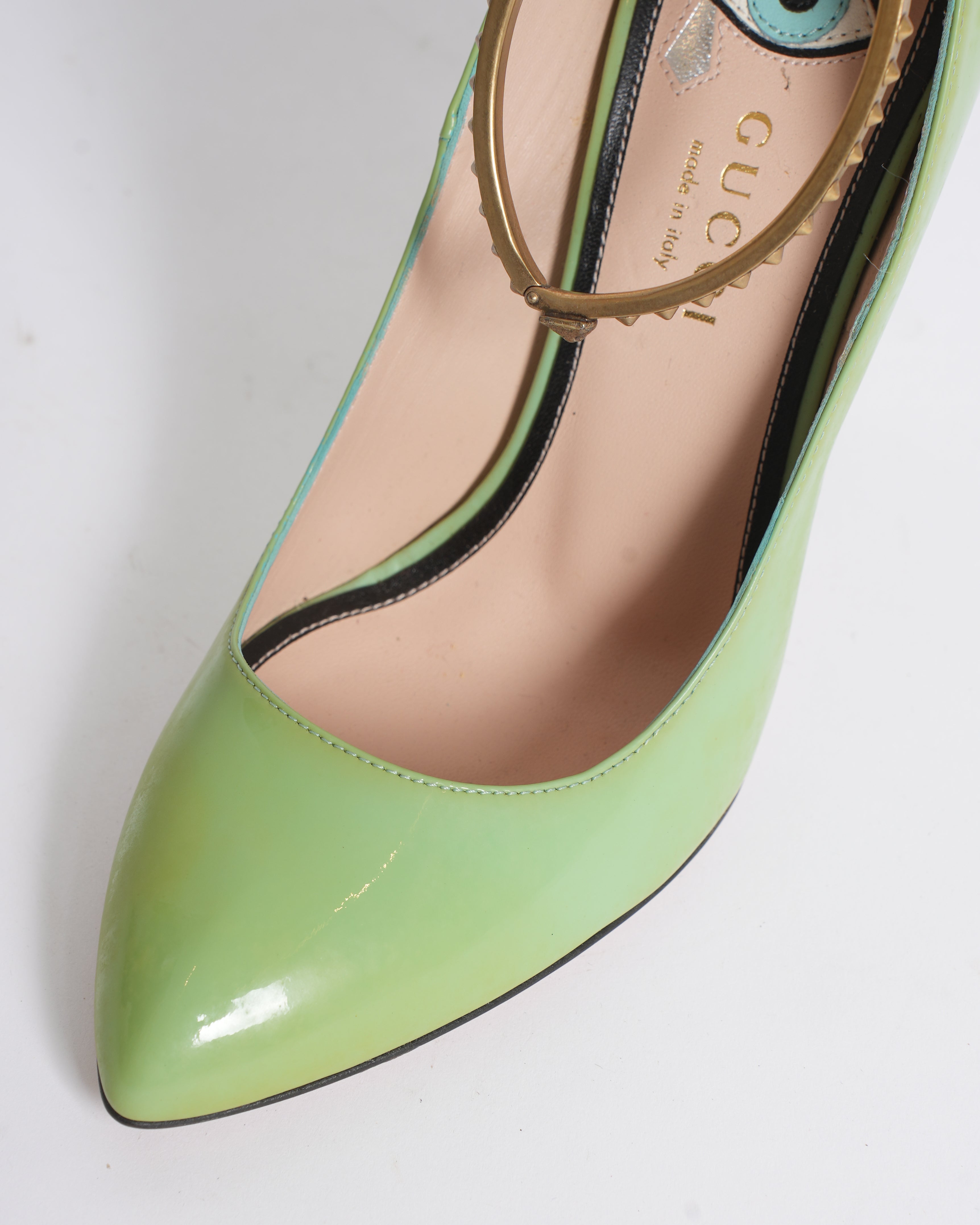 New Gucci Vernice Crystal Ankle Strap Pumps In Mint Colour