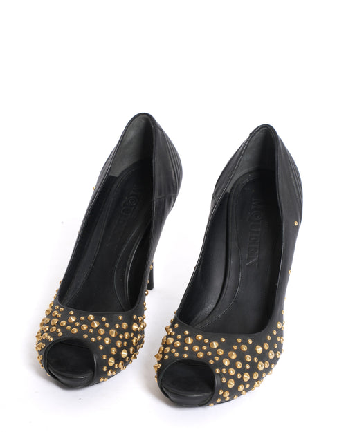 Alexander McQueen Black Studded Peep-Toe Heels