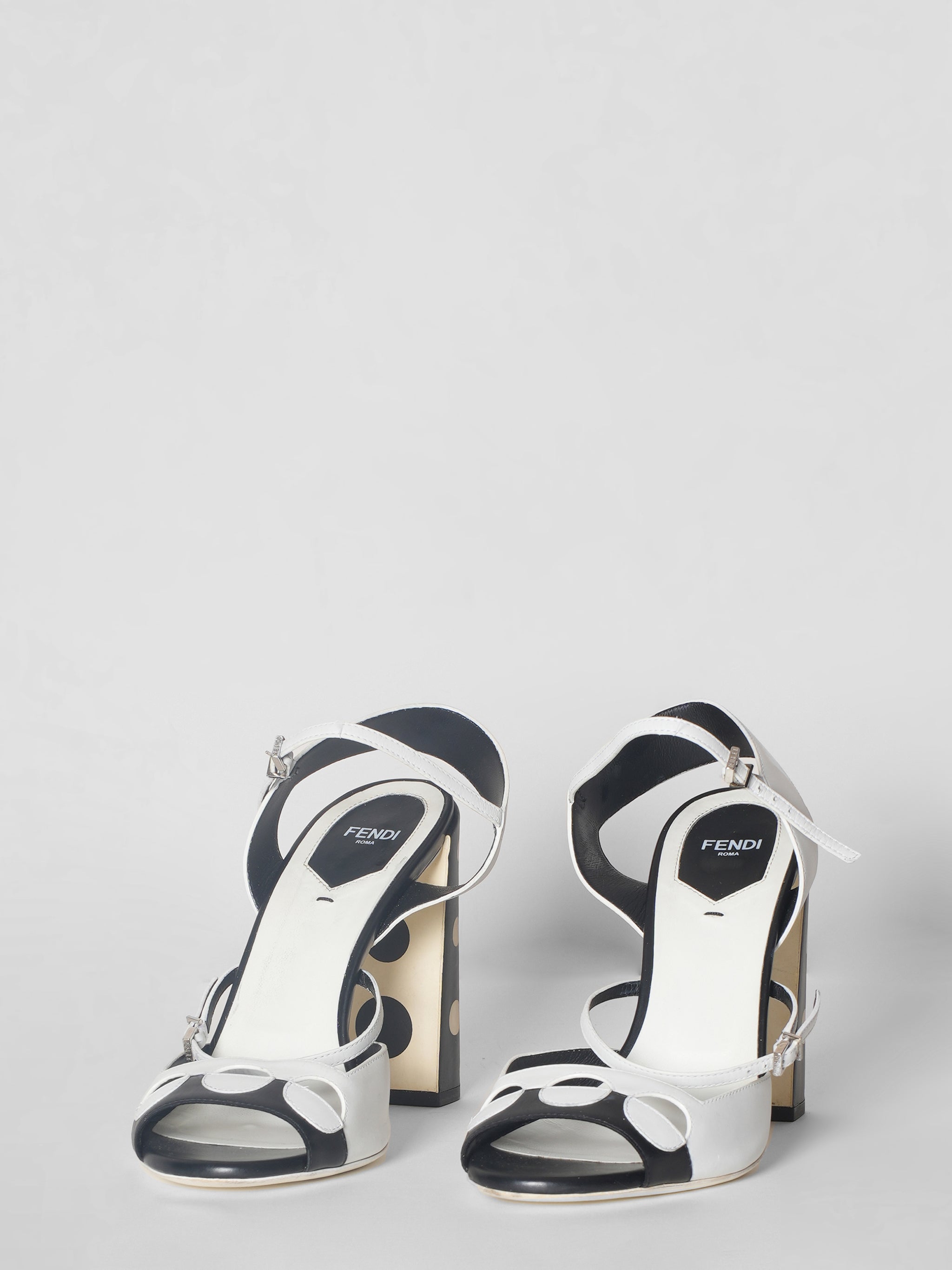 Fendi B/W Leather Ankle Strap Sandals With Polka Detail