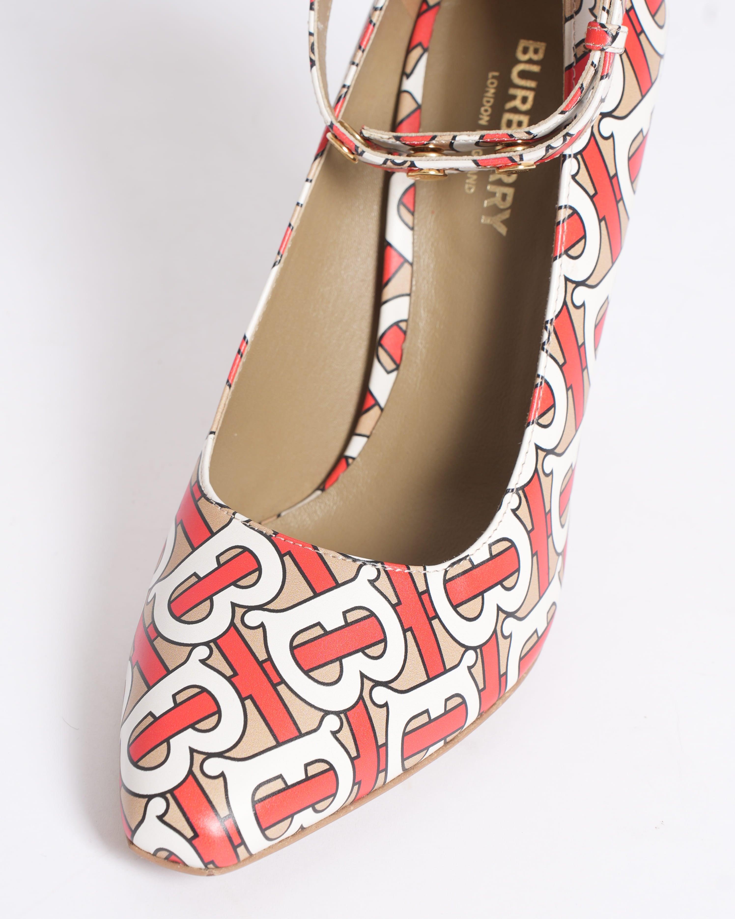 Burberry women’s Tan/Red/White Leather TB Monogram Ankle Strap Pumps