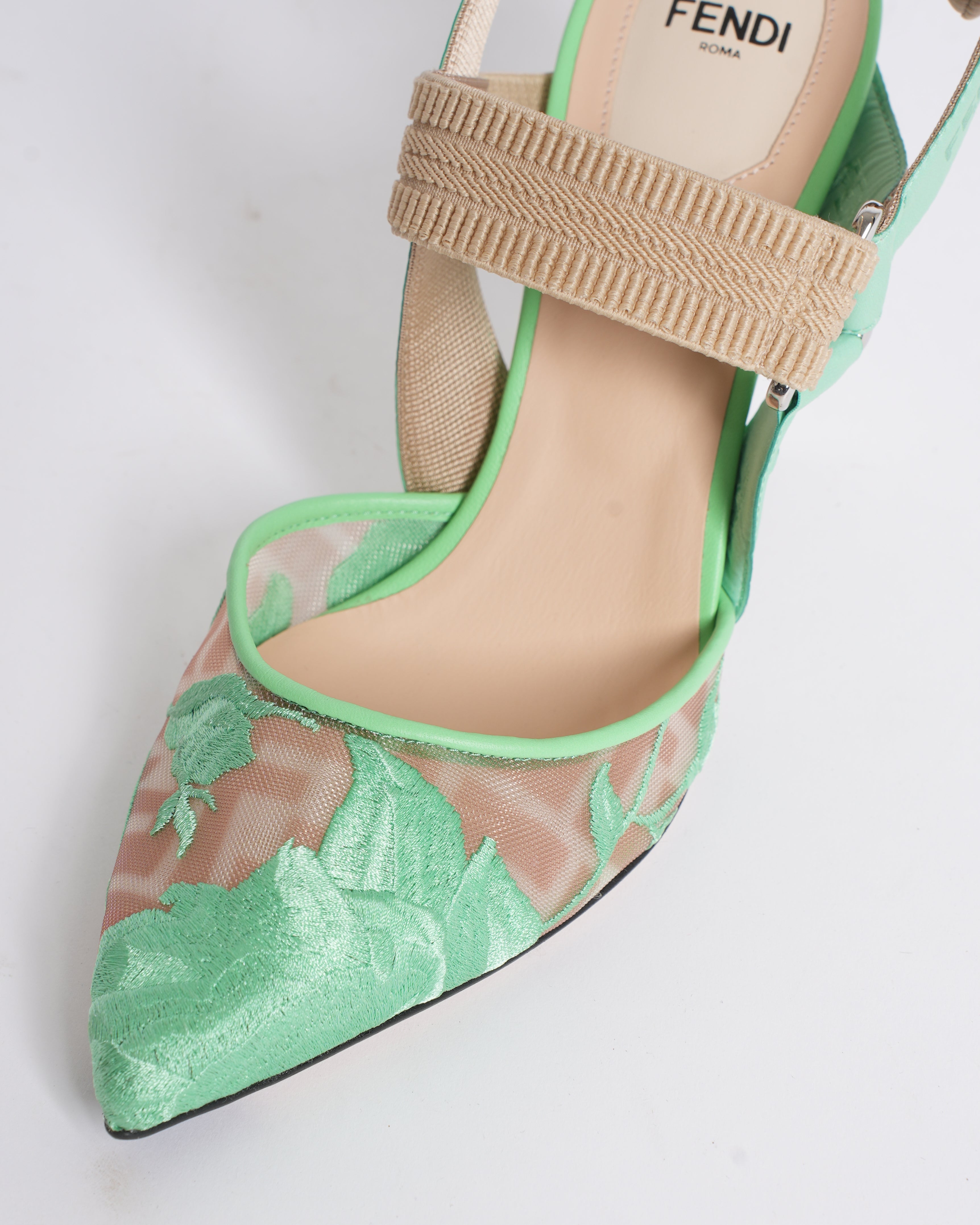 New Fendi colibri matcha green FF mesh slingback