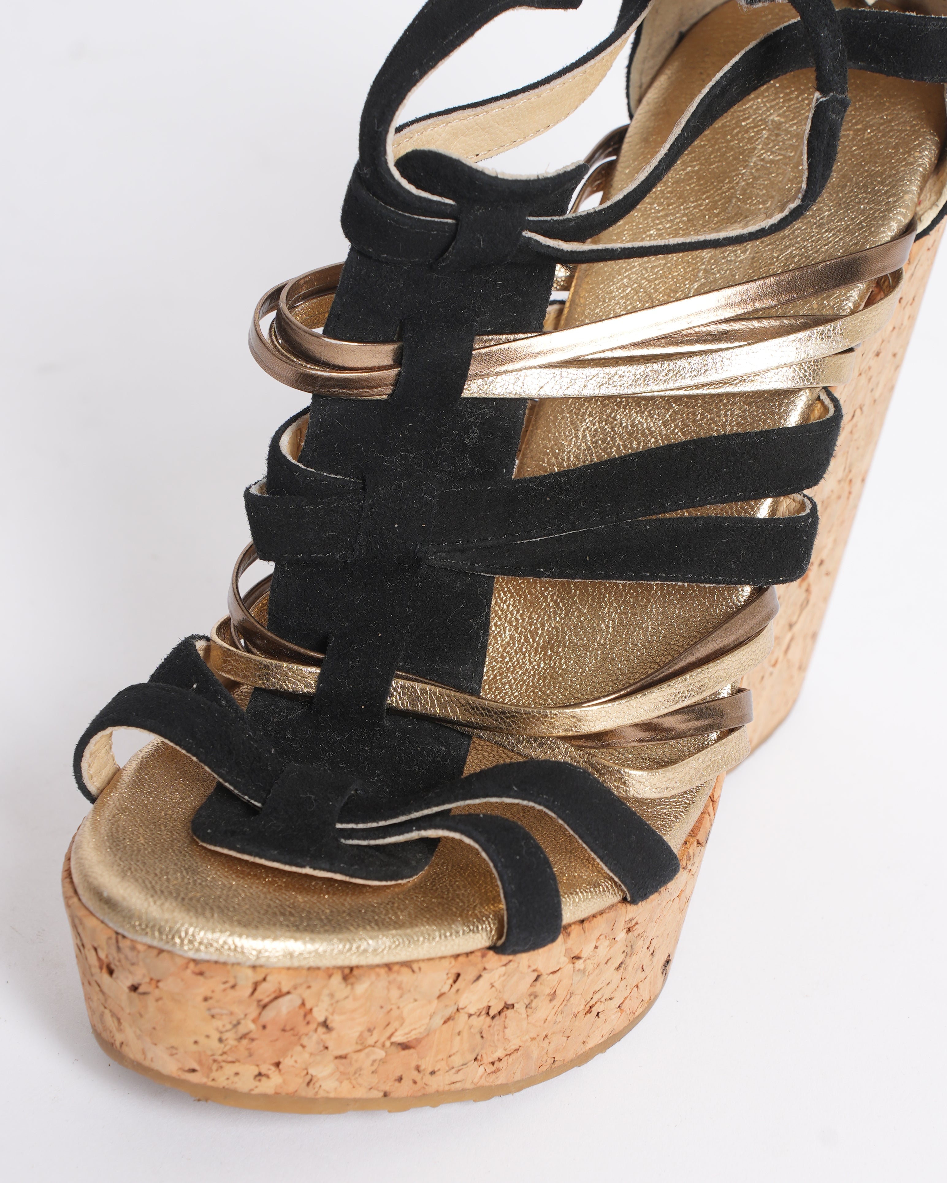 Jimmy Choo Strappy Cork Wedges In Black & Gold Tone