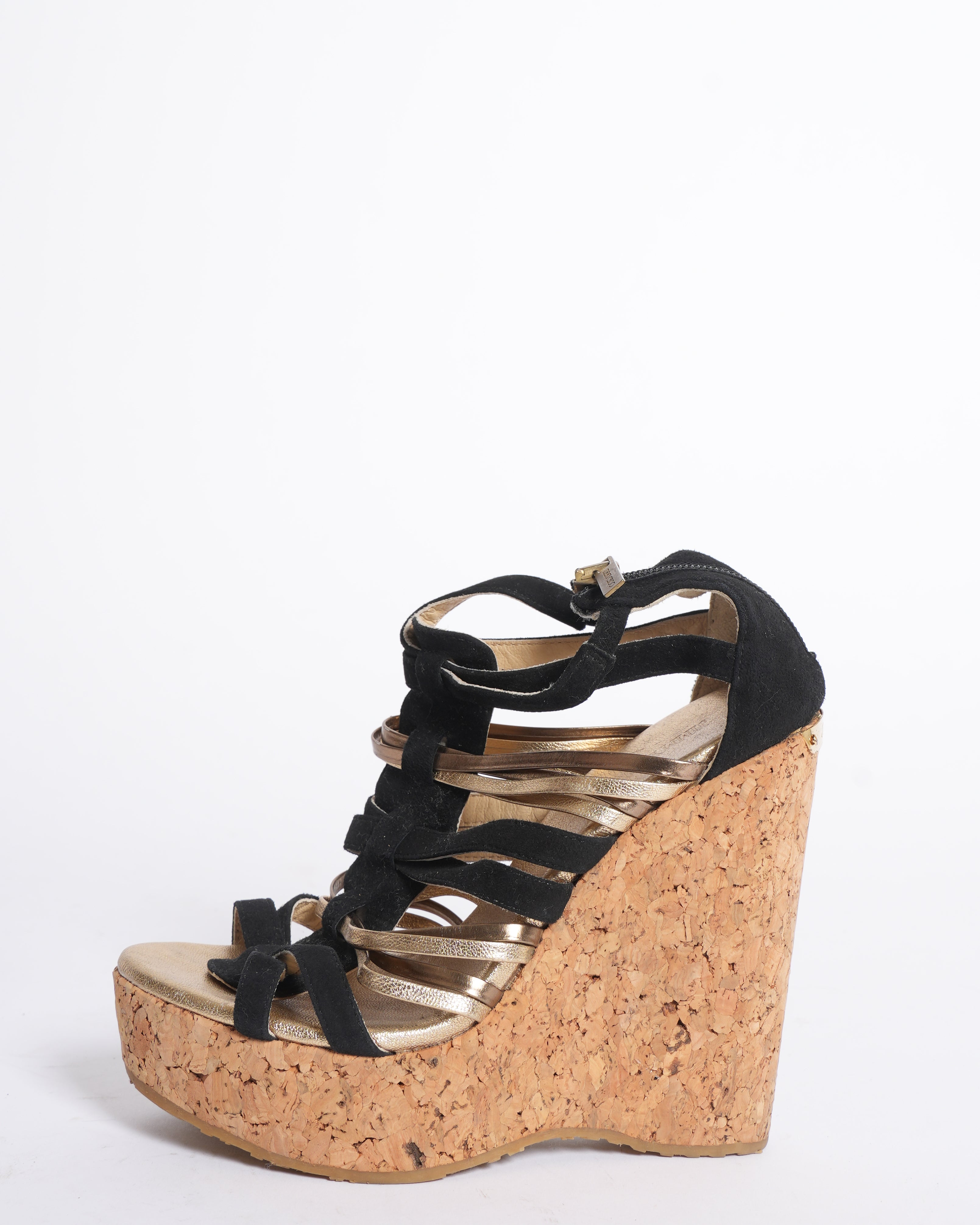 Jimmy Choo Strappy Cork Wedges In Black & Gold Tone