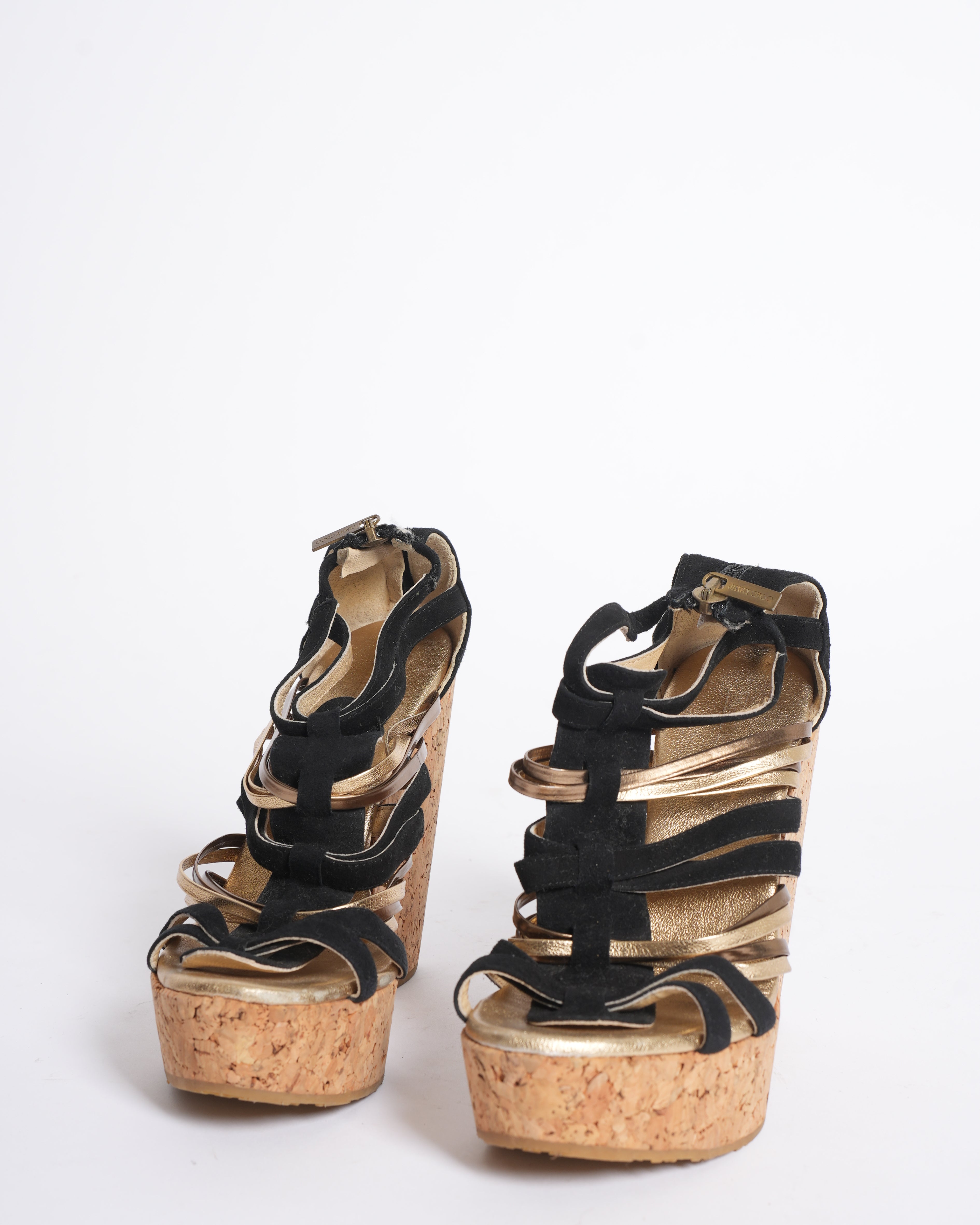 Jimmy Choo Strappy Cork Wedges In Black & Gold Tone