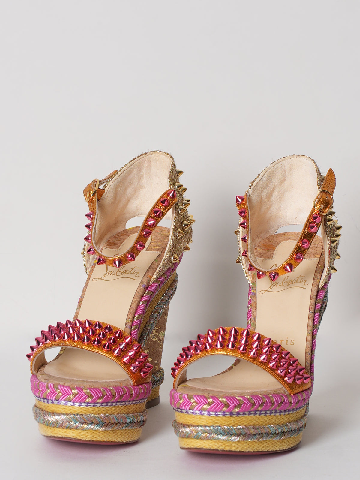 Christian Louboutin Madmonica 120 Gold Pink Studded Cork Wedges