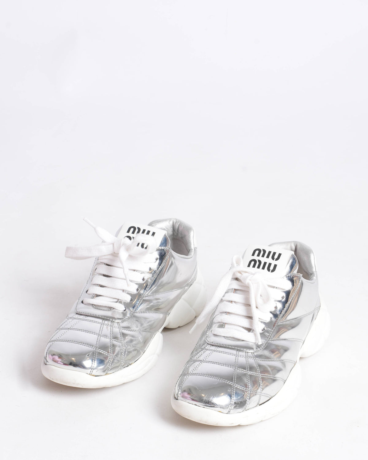 Miu Miu silver quilted metallic leather sneakers