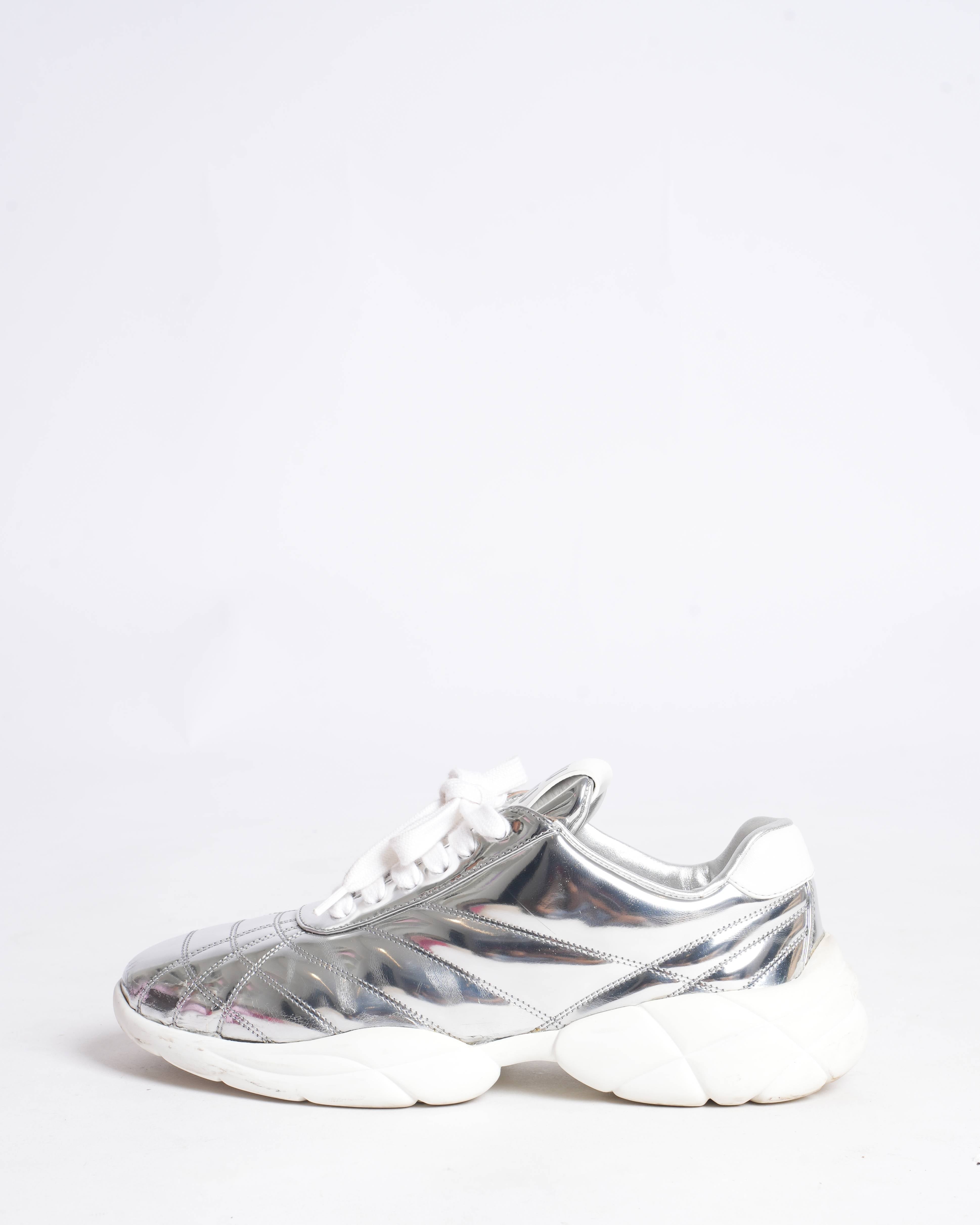 Miu Miu silver quilted metallic leather sneakers