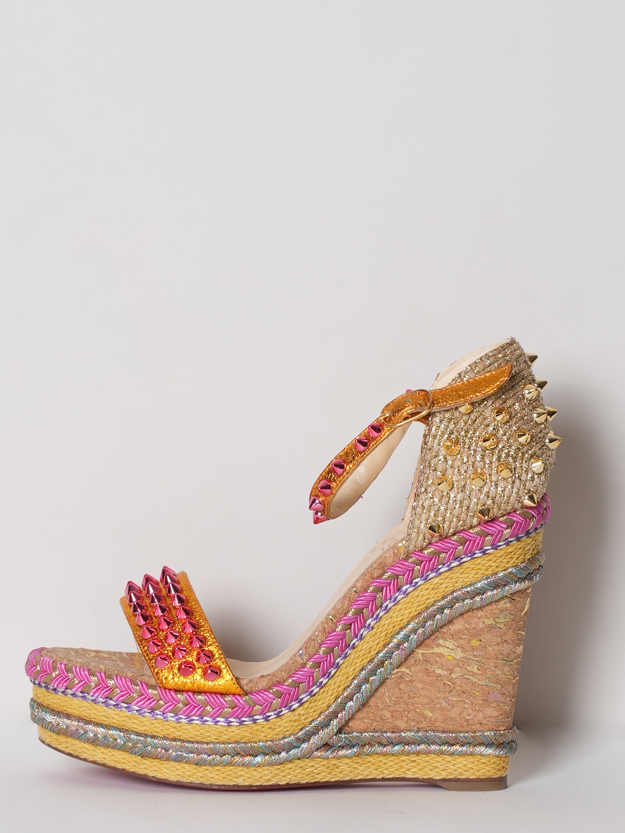 Christian Louboutin Madmonica 120 Gold Pink Studded Cork Wedges