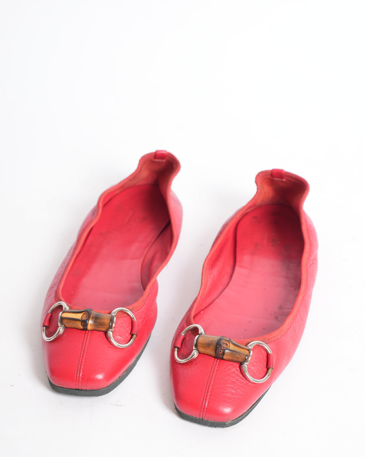 Gucci Red Leather Bamboo Horsebit Ballet Flats
