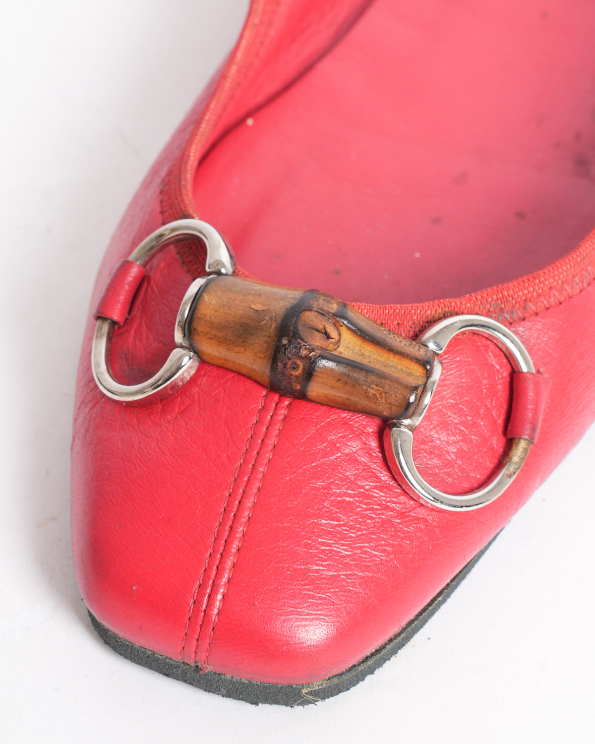 Gucci Red Leather Bamboo Horsebit Ballet Flats