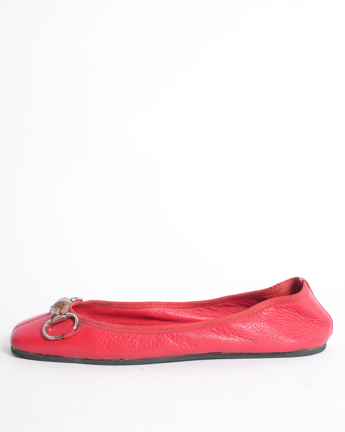 Gucci Red Leather Bamboo Horsebit Ballet Flats