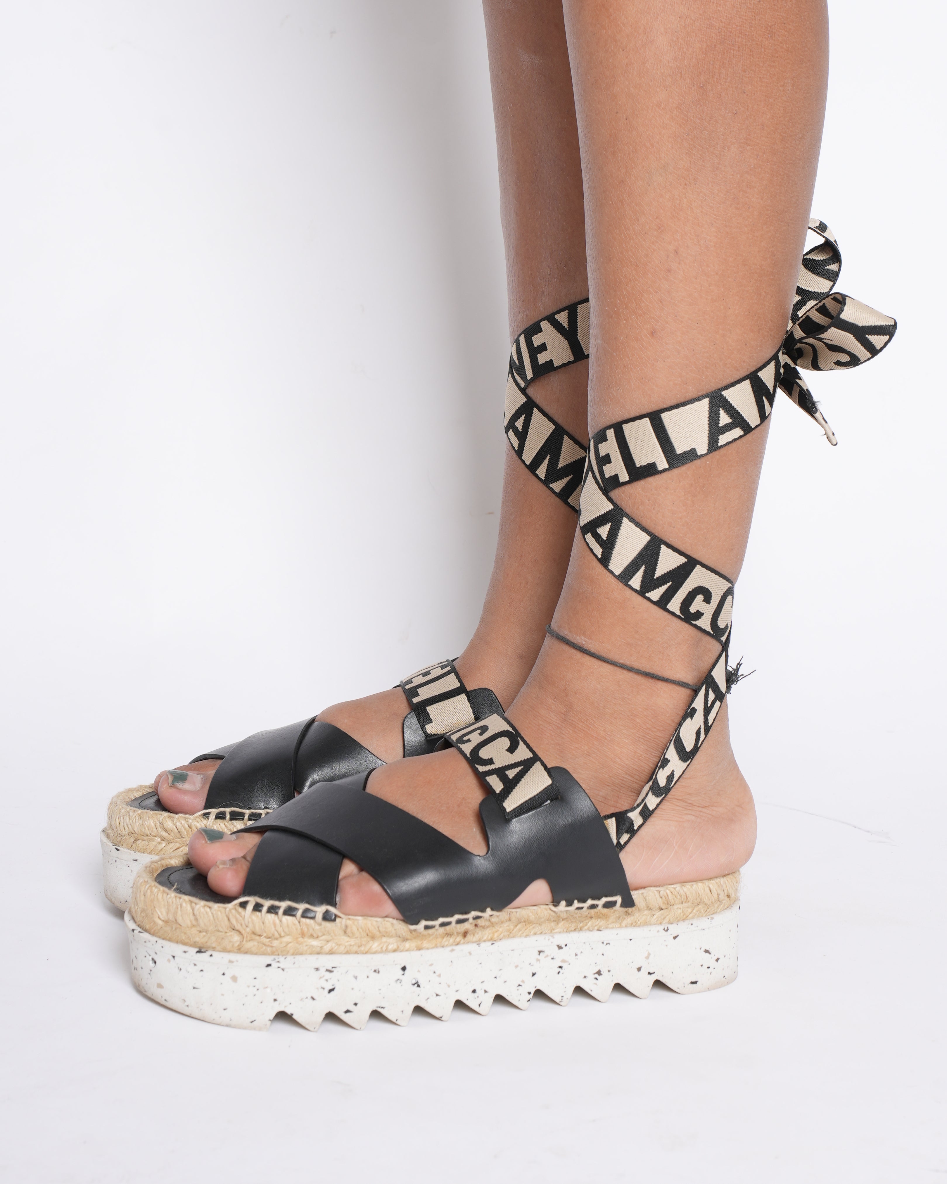Stella McCartney Platform Sandals Gomma Black Strap Ankle Tie Wrap