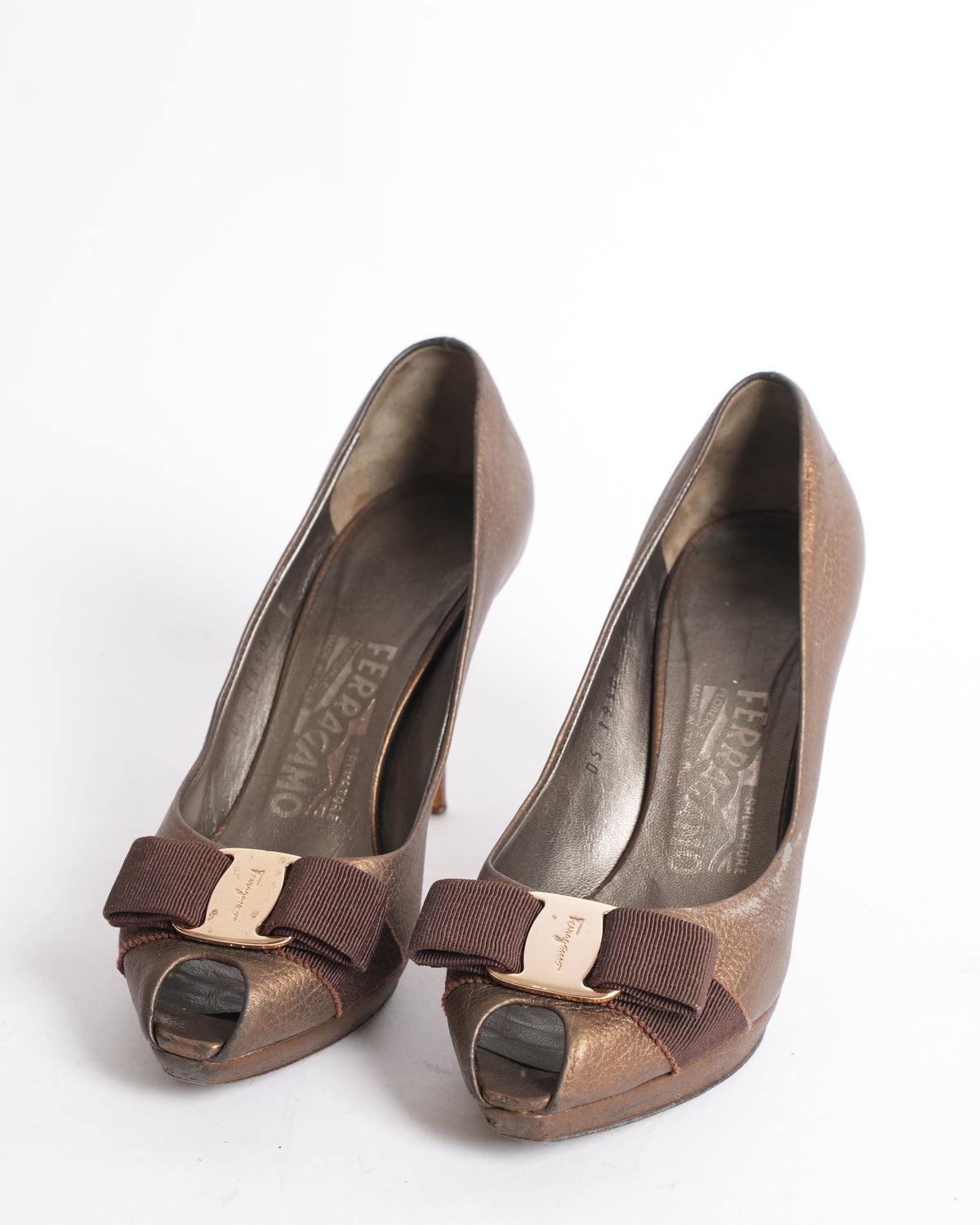 Salvatore ferragamo vara peep toe metallic heels