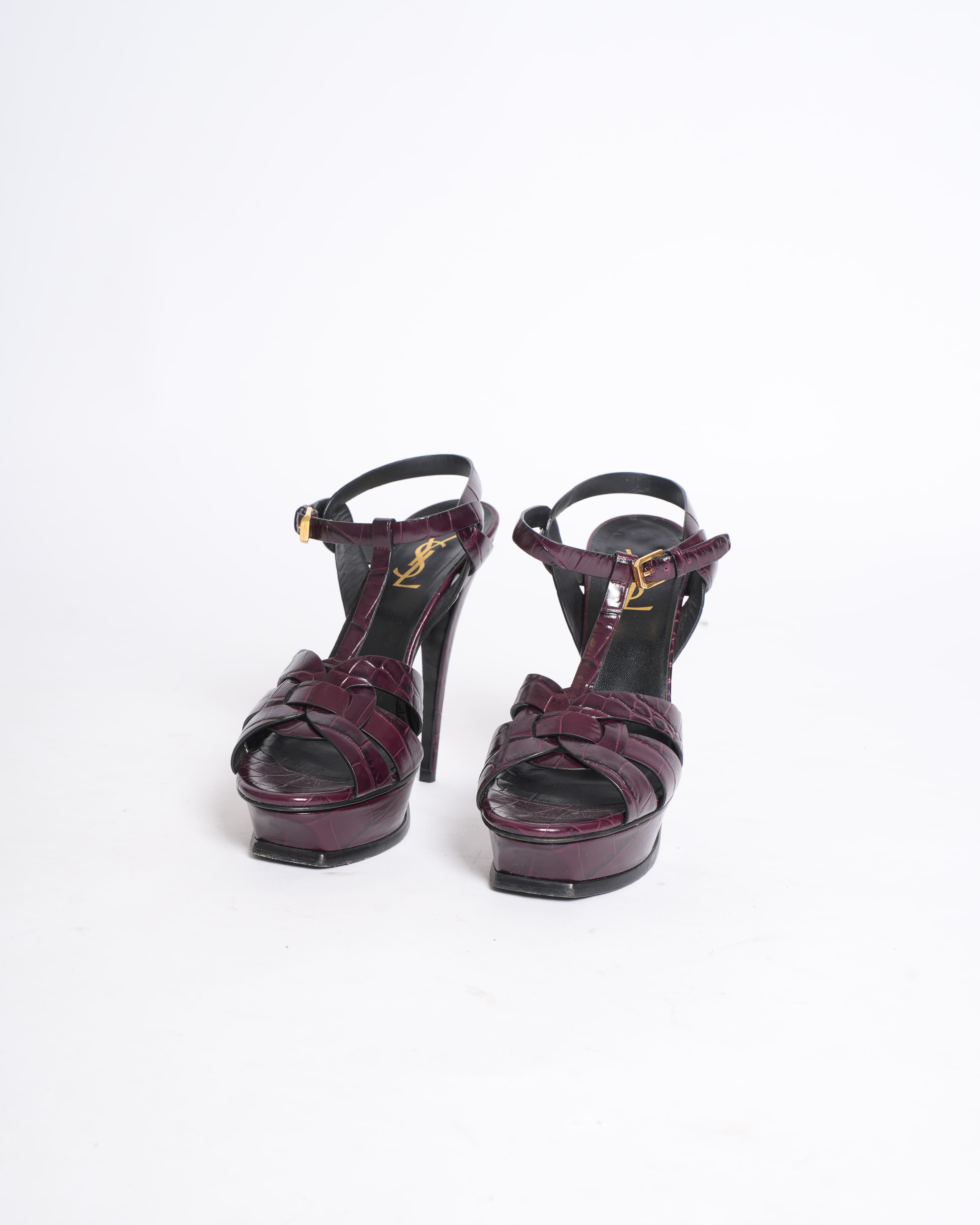Saint Laurent Croc-Embossed Leather Tribute Sandals in Brown