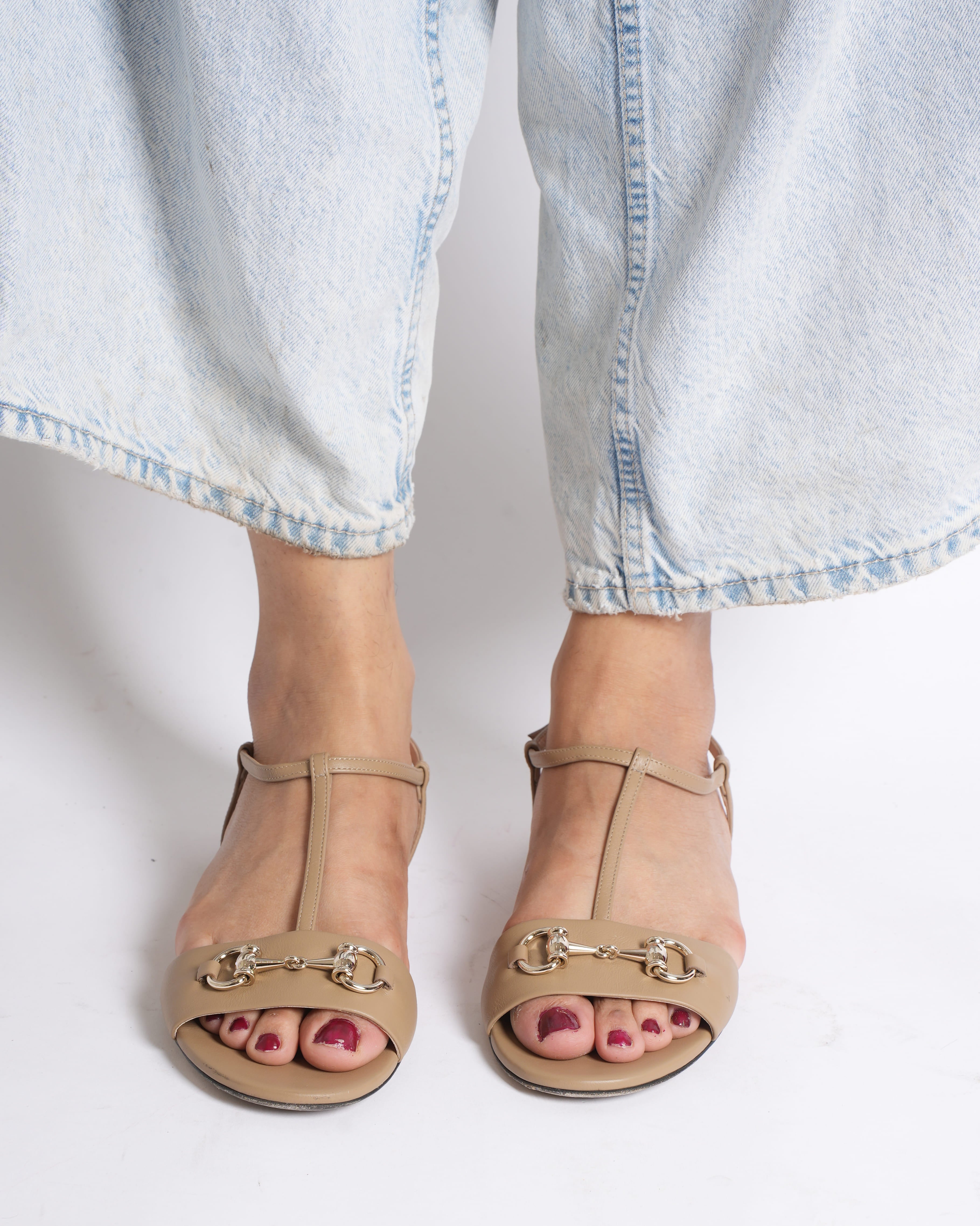 Gucci beige horsebit open toe sandals