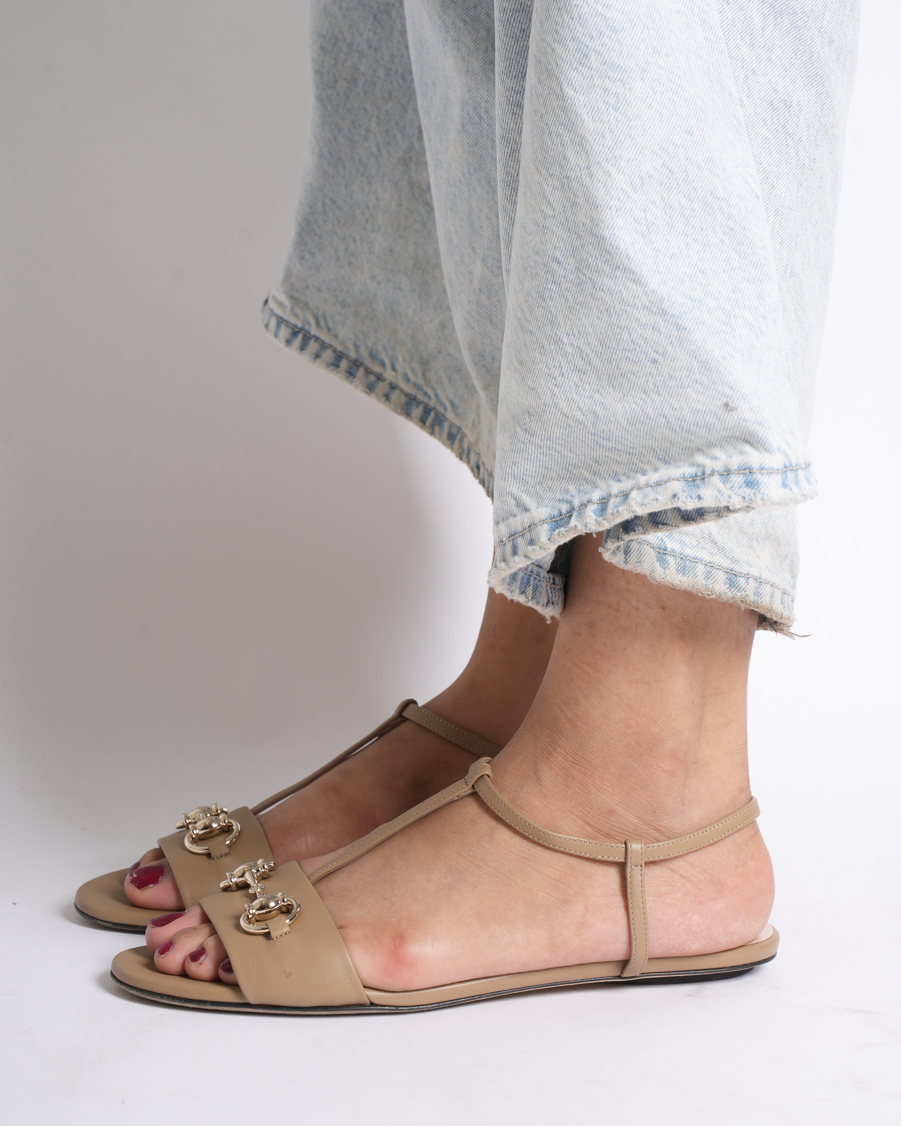 Gucci beige horsebit open toe sandals