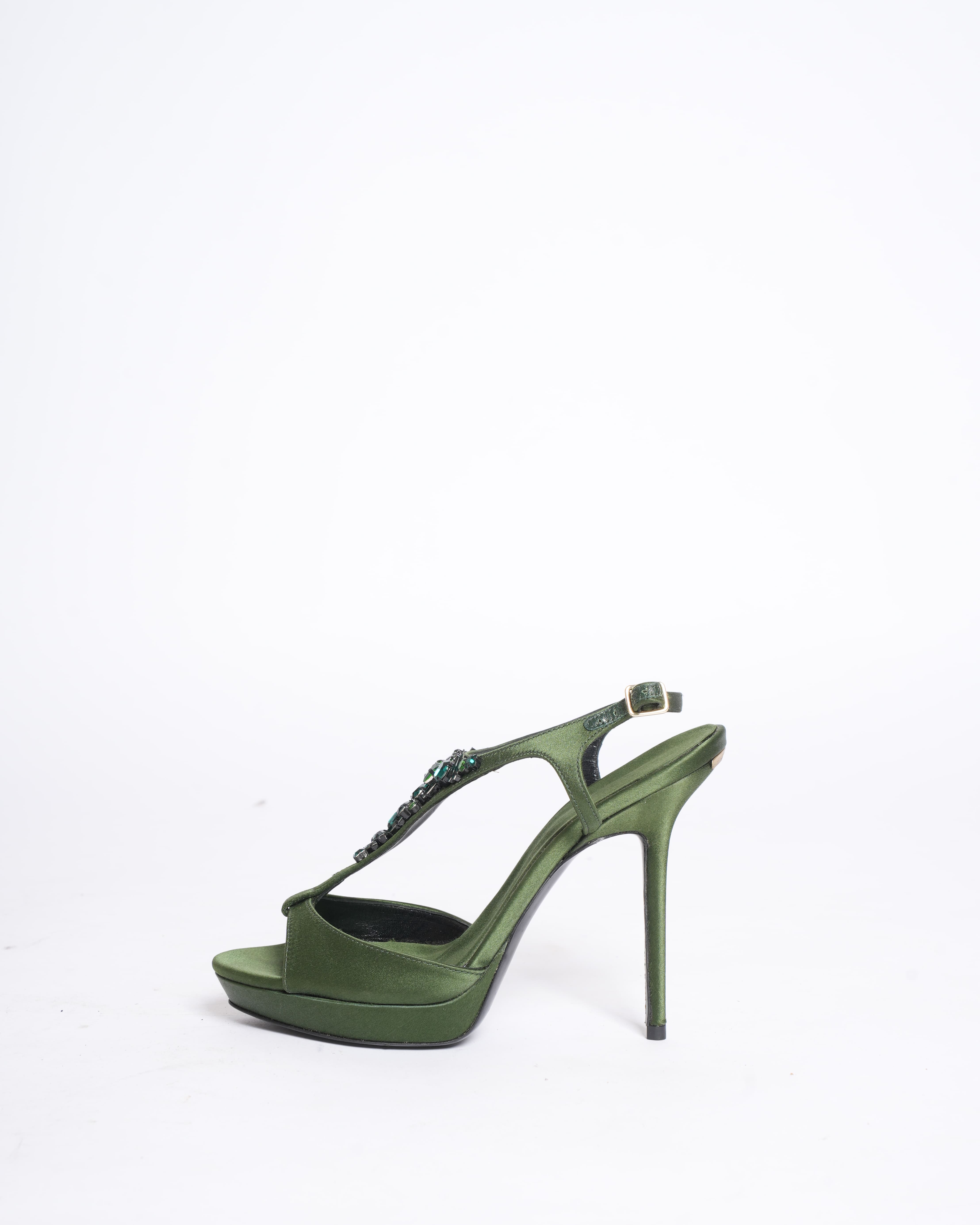 New Burberry Satin Heels in Green with Diamanté
