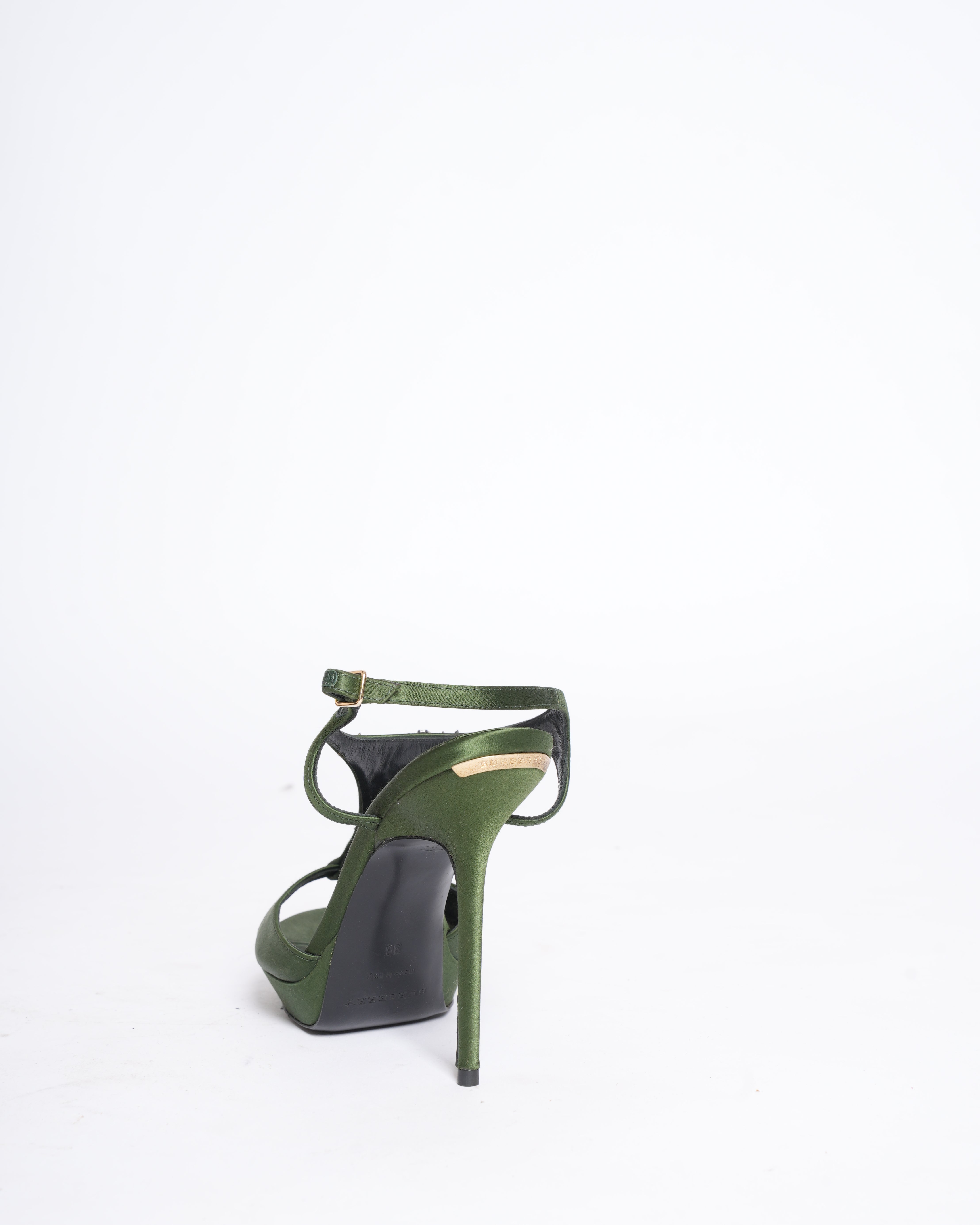 New Burberry Satin Heels in Green with Diamanté