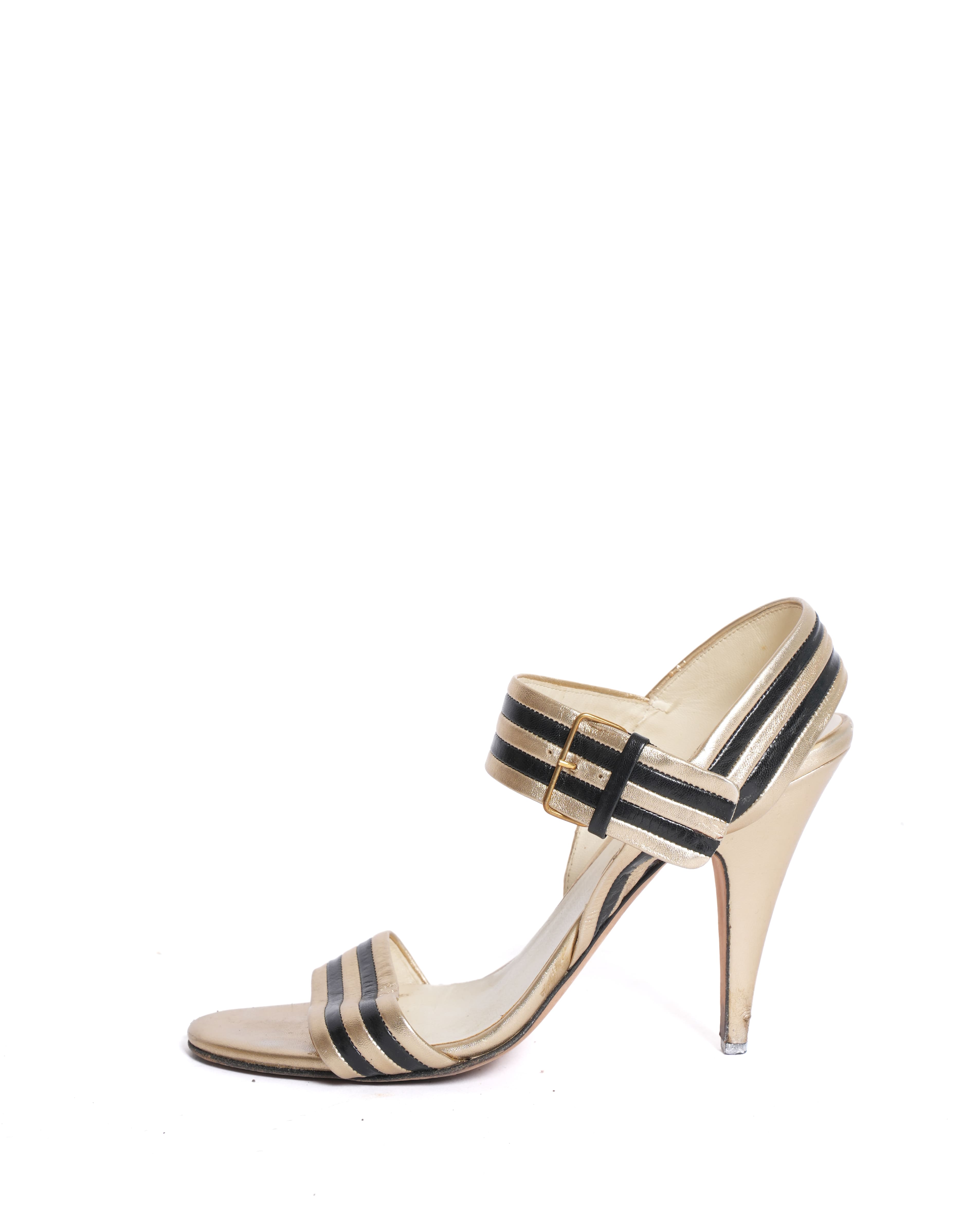 Miu Miu Leather Strappy Heels in Gold & Black